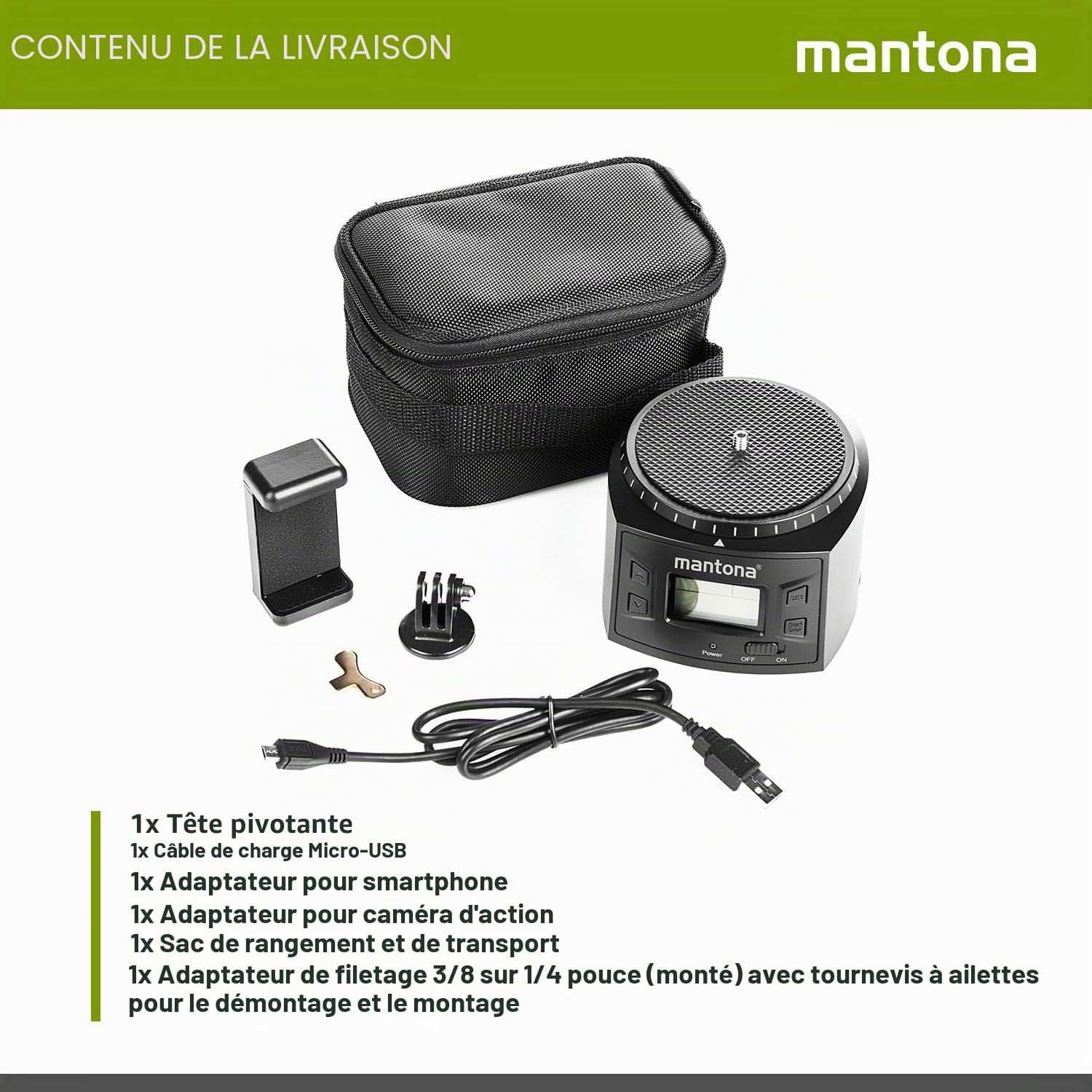 Mantona Turnaround 360 Advanced 3 Tête de trépied panoramique électrique rotative 360° programmable Timelapse Smartphone Action Cam GoPro