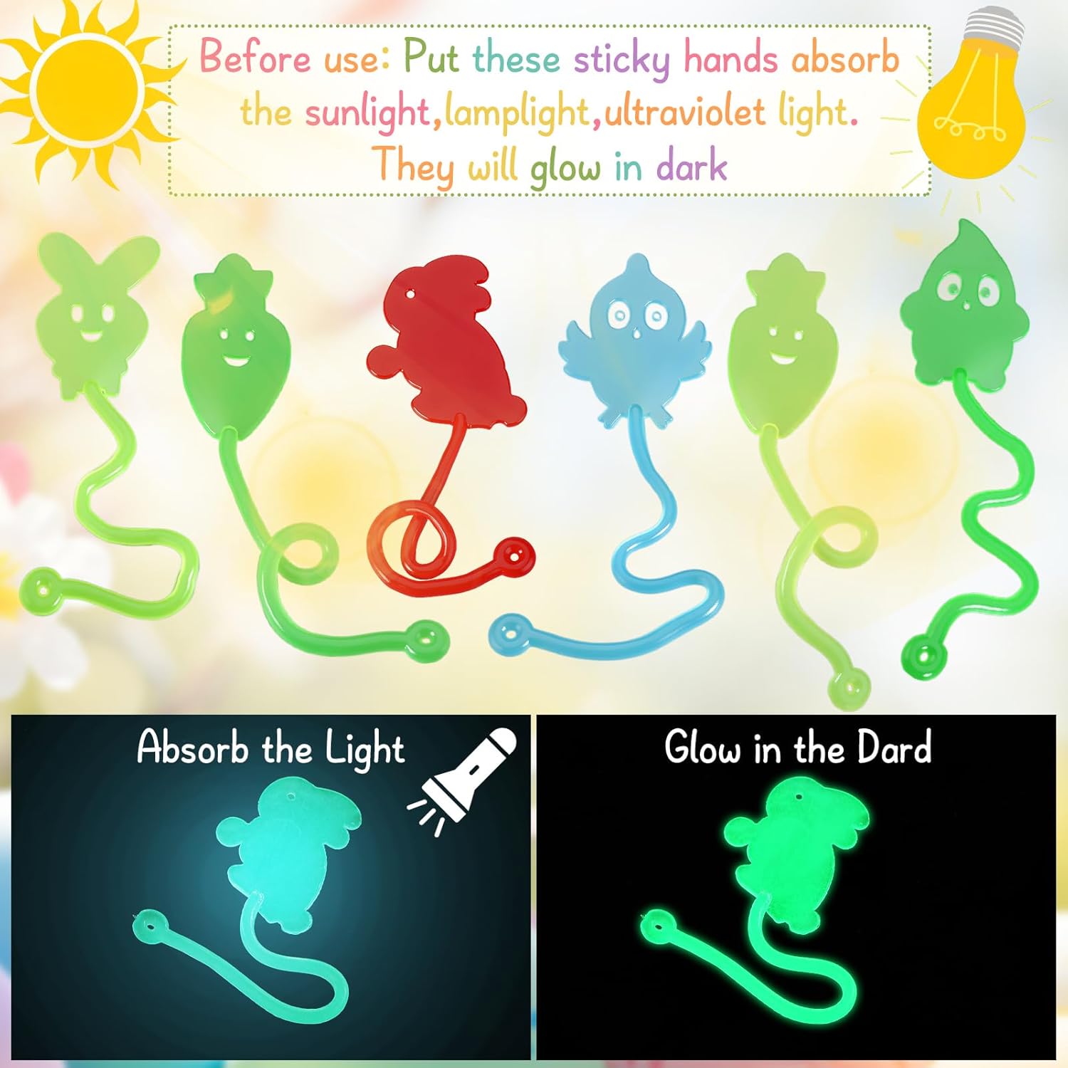 Jenaai 100 Pcs Easter Glow Sticky Hands Bulk Glow in The Dark Stretchy Fidget Toys for Kids Easter Basket Stuffers Party Favors Piñata Fillers School Classroom Gifts