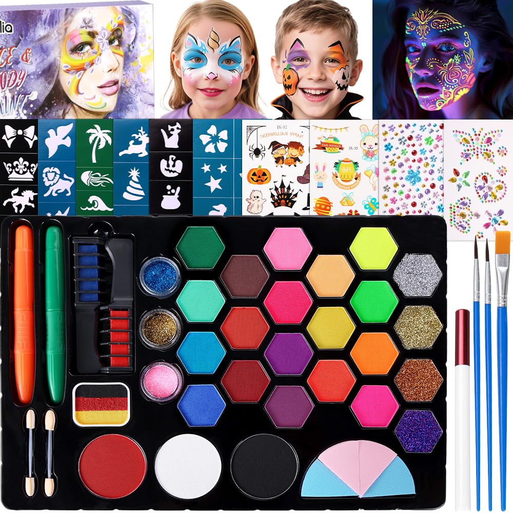 Janolia Body Painting, 25 Colori Truccabimbi Kit con 3 Pennelli 2 Matite per Il Viso, Trucca Bimbi Professionali, Face Painting Bambini per Halloween, Carnevale, Pasqua, Natale, Cosplay