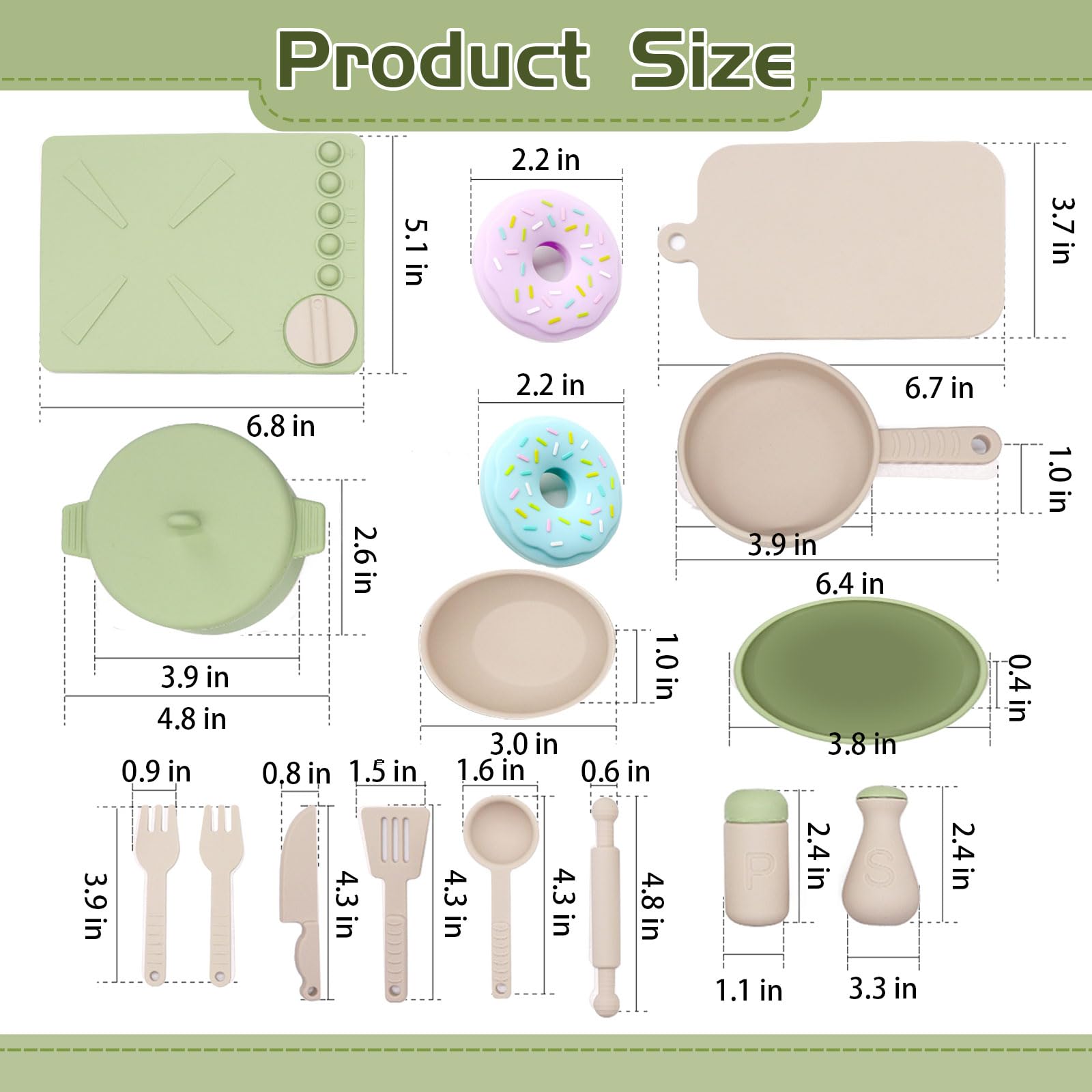 Kizadee Play Kitchen Accessories, Silicone Pretend Play Kitchen Toys Set, Play Kitchen Pots and Pans Set for Kids, Learning Education Cooking Toys for Girls and Boys(Green)