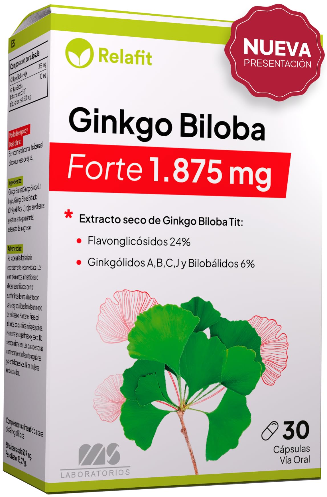 Ginkgo Biloba Forte 1.850 mg - 30 Cápsulas | Potente antioxidante | Refuerza la memoria y concentración | Nootropico | Ayuda a la circulación | Suministro para 1 mes | Relafit - Laboratorios MS