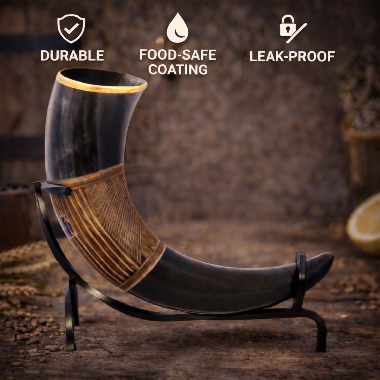 Corne à Boire Viking Authentique Avec Support En Fer - Ornements Laiton Et Sac Cadeau Jute Inclus - 13’’ Capacité 450-500 ML