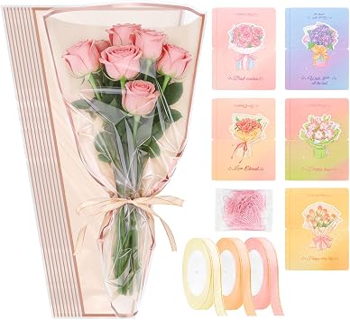 Fatiya 50 Pack Clear Front Flower Bouquet Sleeves with Ribbon, Card & Paper Clip, 17.1" x 11" Pink Flower Wrapping Bags, Floral Packing Sleeve for Graduation Wedding Florist Wrap Supplies