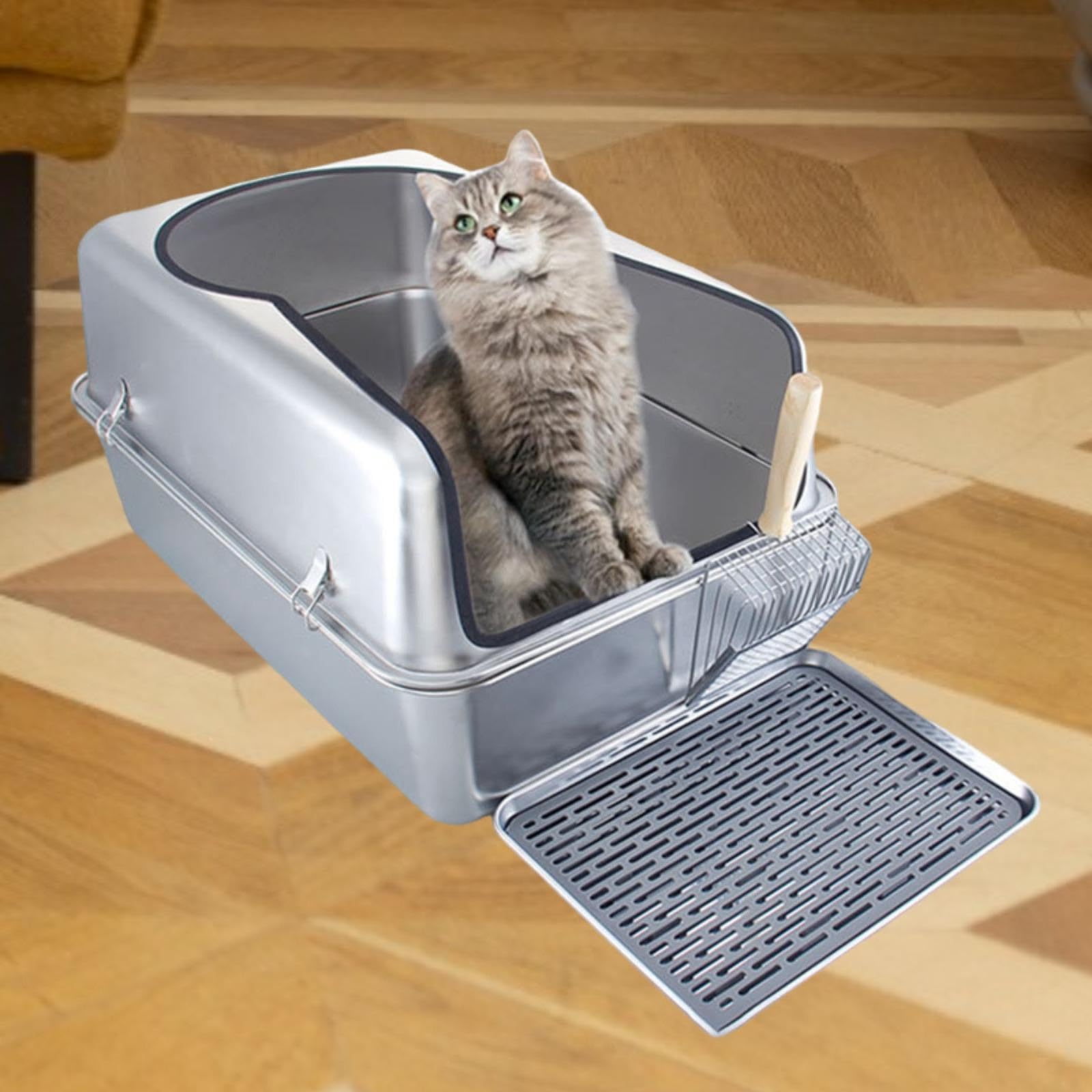 Katzentoilette aus Edelstahl mit hohen Seitenwänden, die das Verschütten von Katzenstreu verhindern. Die Katzentoilette für den Innenbereich bietet