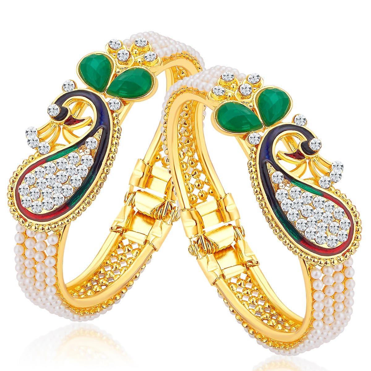 Glittery Pearl Gold Plated Wedding Jewellery Peacock Meenakari Austrian Diamond Kada Combo For Women (CB71499ADAP450)-image-4