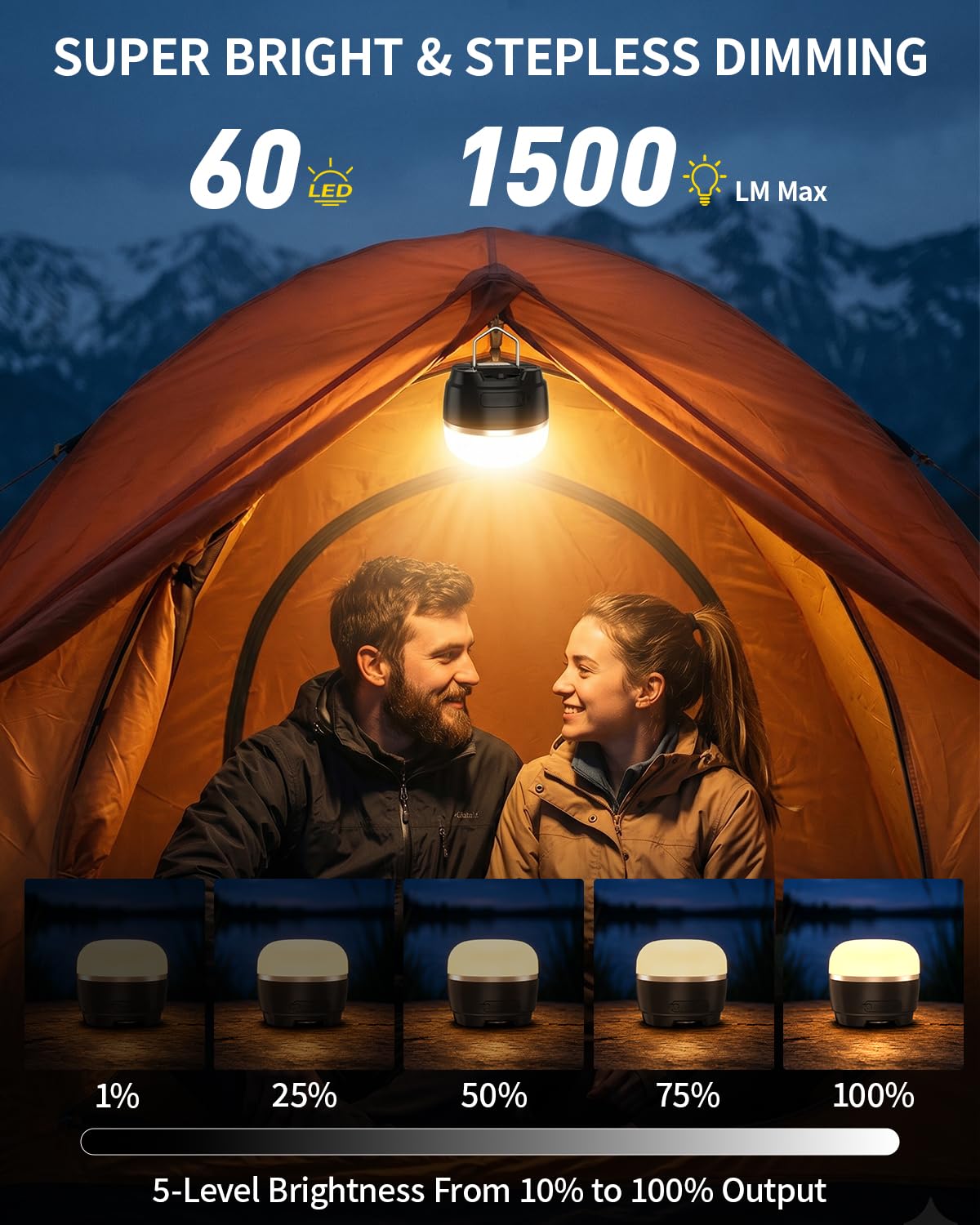 Linterna LED para camping, 8000 mAh, recargable, con 4 modos de luz, 6 luces ajustables de brillo, linterna colgante de emergencia impermeable para huracán, cortes de energía, hogar, senderismo