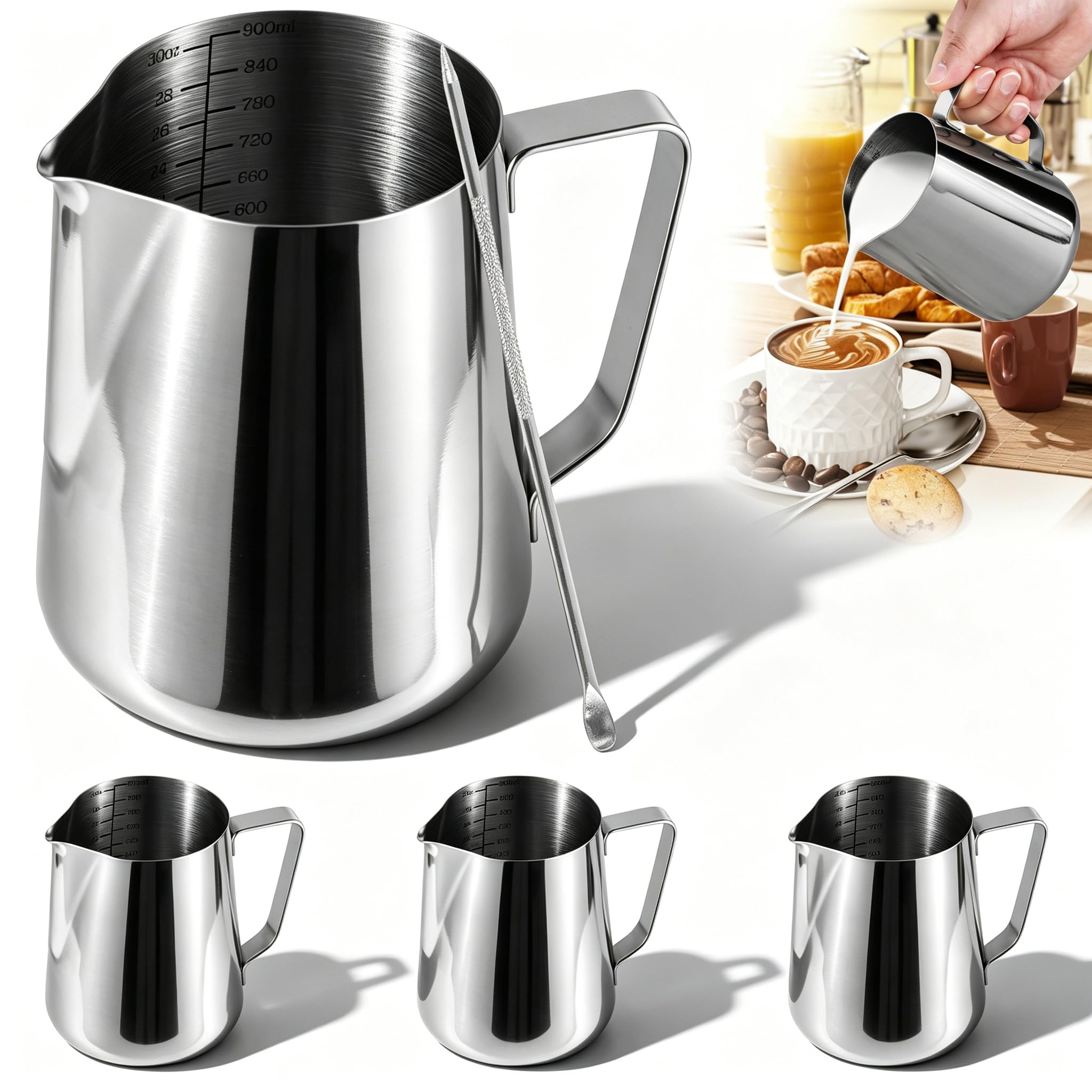 4 Pack Milk Frothing Pitcher 900ml 32oz Large Capacity Steaming Pitchers