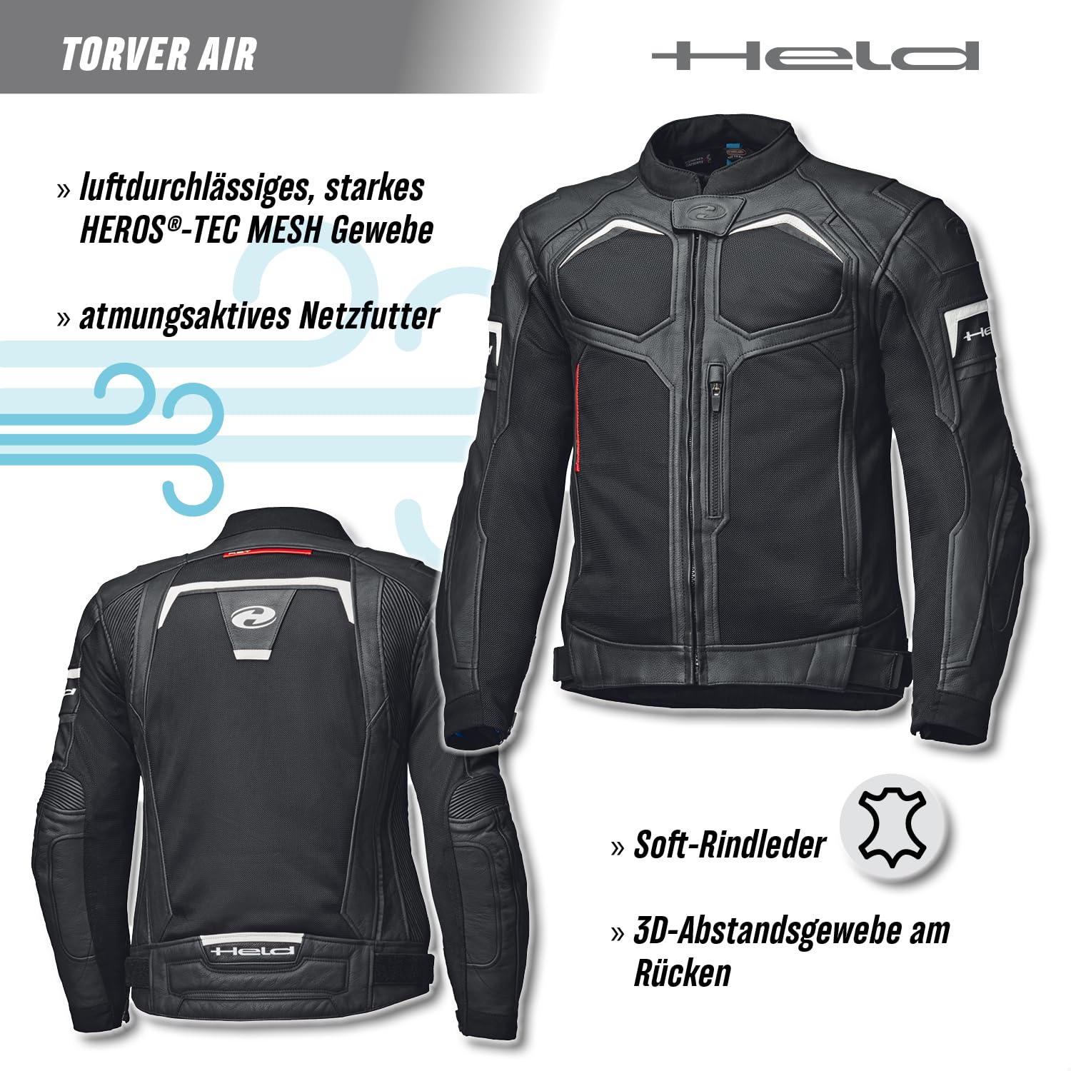 Held Torver Top Air Sport Motorrad Jacke Herren - Soft-Rindsleder und Heros-Tec Mesh - CE, Schutzklasse AA -Soft-Protektoren Level 2 - Atmungsaktive Motorradjacke - Schwarz-Weiß