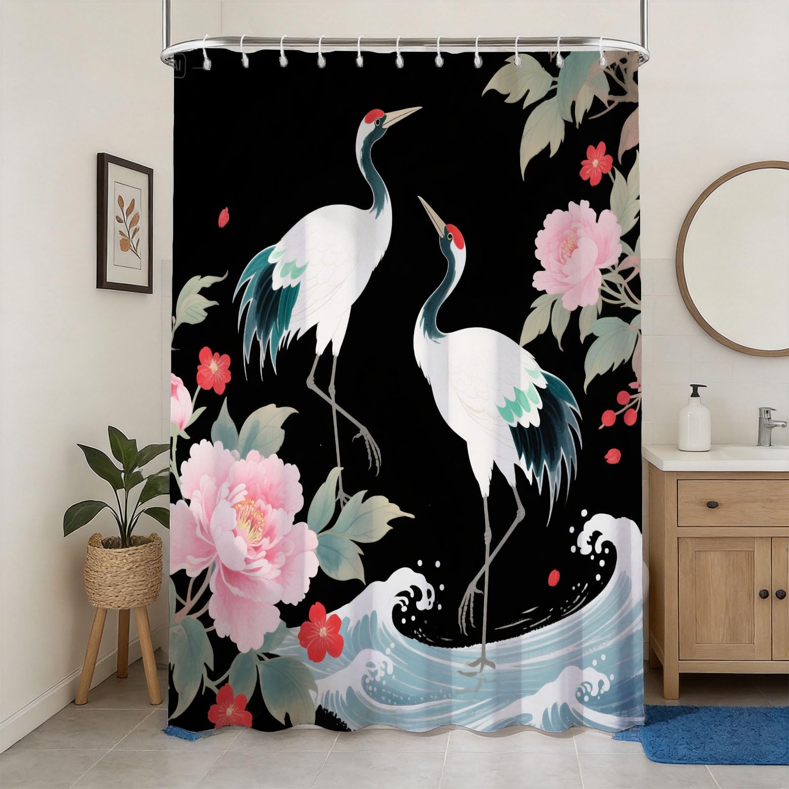 Hongduo 3D Crane Shower Curtain for Stalls Bathtubs Chic Bathroom Decor Shower Curtain Set Polyester Fabric Waterproof 180x180cm/71X71 Inch with Hooks