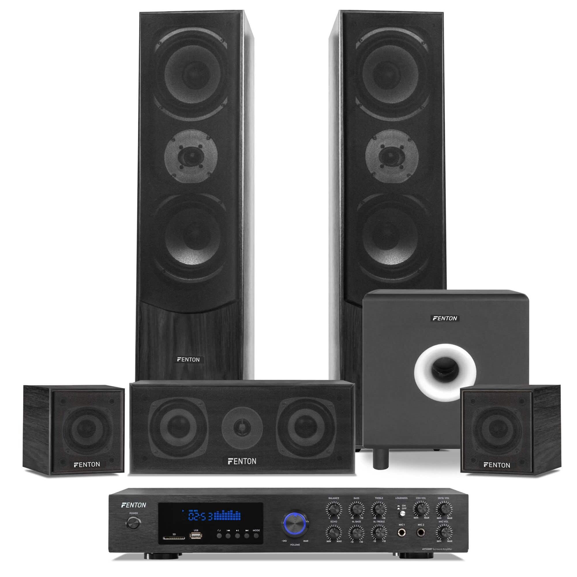 Fenton Heimkino System Komplett Set, 5.1 Soundsystem 245 Watt RMS, Bluetooth Verstärker, MP3-USB, AUX, 5 Lautsprecher und 10" Subwoofer, Surround Sound System, inkl. Fernbedienung - Schwarz