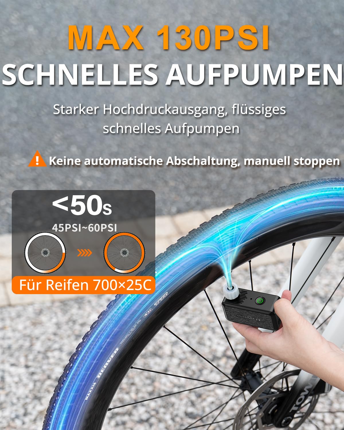 TOWILD A05 Elektrische Fahrradluftpumpe 130 PSI - Mini Luftkompressor mit LED-Licht - Tragbare Fahrradpumpe mit 2×400 mAh Akku, USB-C Aufladung, Presta & Schrader Ventil für E-Bike, MTB, Rennrad