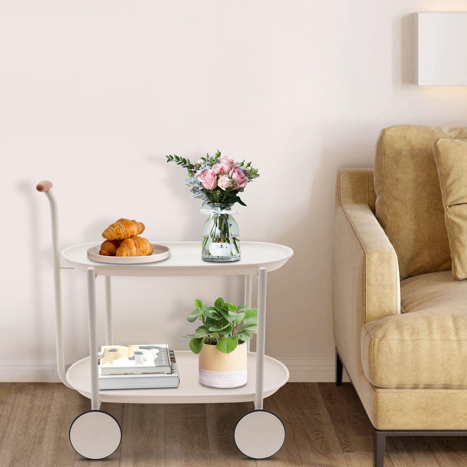 Carrello da servizio, carrello da cucina, multifunzione, in ABS, con ruote, manico e 2 ripiani, 63 x 42 x 64,5 cm (bianco)