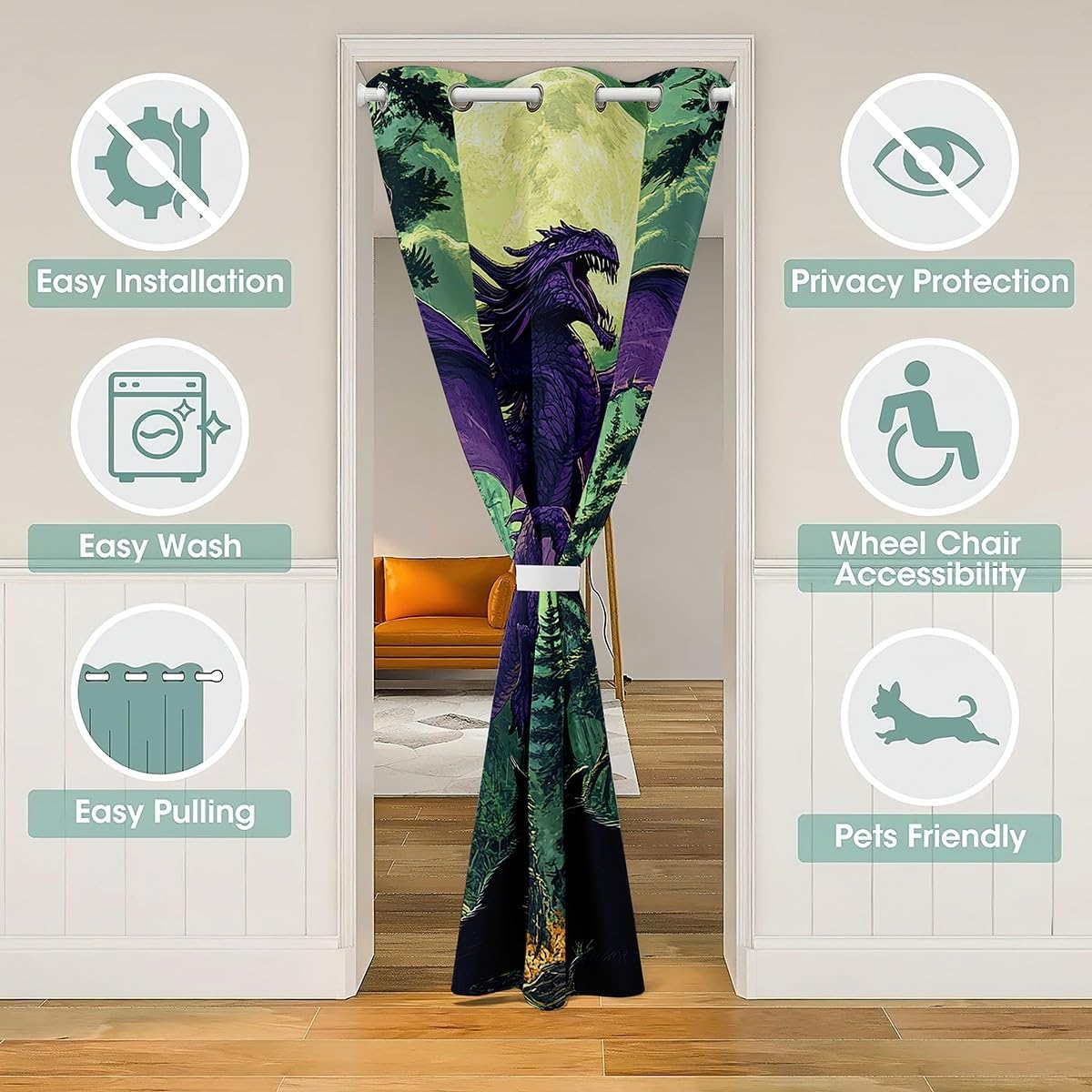 Western 3D Dragon Door Curtain for Doorways Privacy Hunting Wolf Animal Doorway Curtain Tropical Jungle Tree All Season Blackout Curtain Magical Fantasy Wildlife Door Drape, 52" W X 80" L