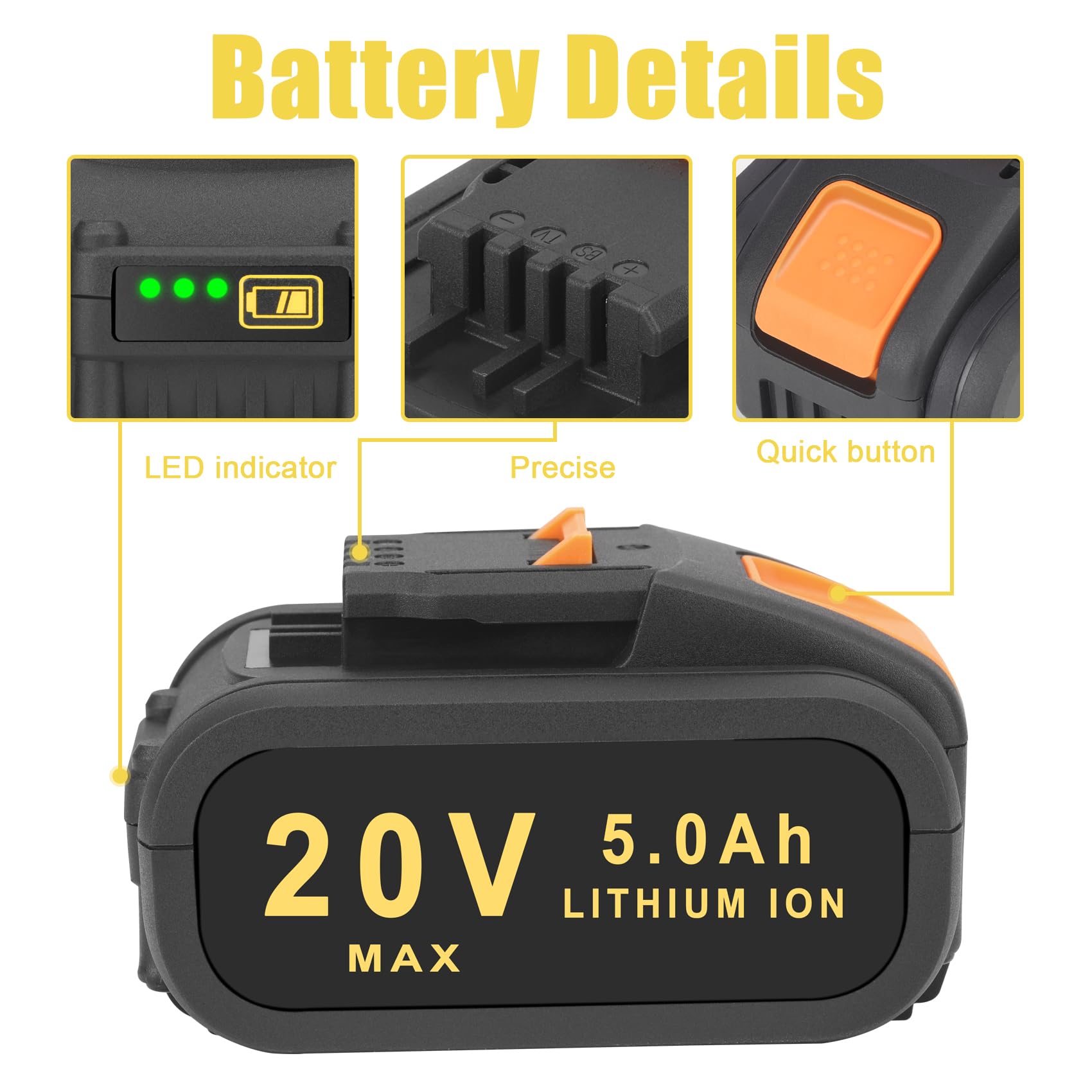 2X 5.0Ah Batterie de Remplacement pour Worx 20V Batterie Lithium Batterie Compaitble pour Worx 20 Volt WA3551 WA3553 WA3572 WA3641 WX390 WX176 WX178 Batterie