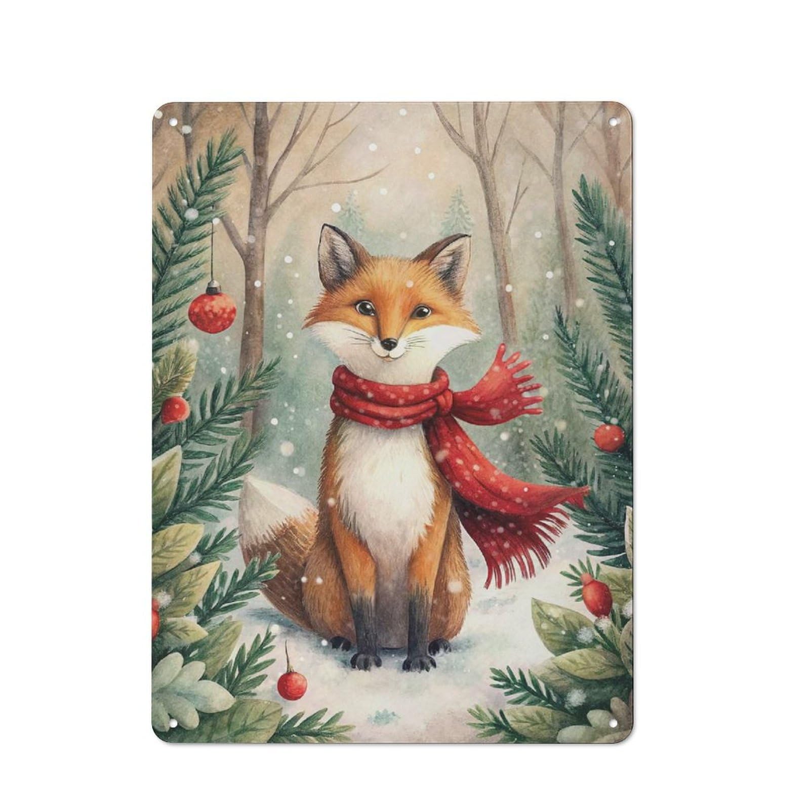 Junmoney Style-10 Rustic Metal Wall Sign 40X30cm Featuring Winter Fox With Scarf And Ornaments For Garage Wall, Tin Sign Wall Decor For Garages And Workshops
