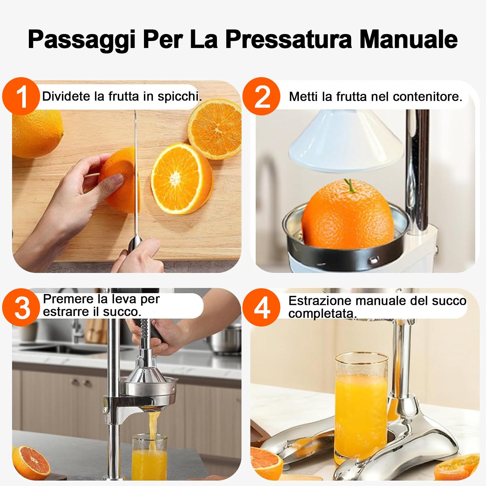 Spremiagrumi Manuale Spremiarance, Pressa in Acciaio Inox 304 con Meccanismo a Ingranaggi, Pressa per Frutta in Metallo, Colore Argento Bianco-doppiatesta