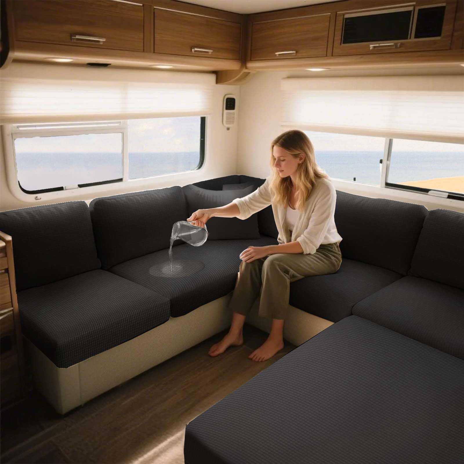 ZXLVCU Caravan Seat Cover Stretch, Pet Friendly Waterproof RV Sofa Cushion Covers, with 2 Straps, for Camper Bench Cushion, Corner Sofa (Black,W:190-220,D:40-65cm)