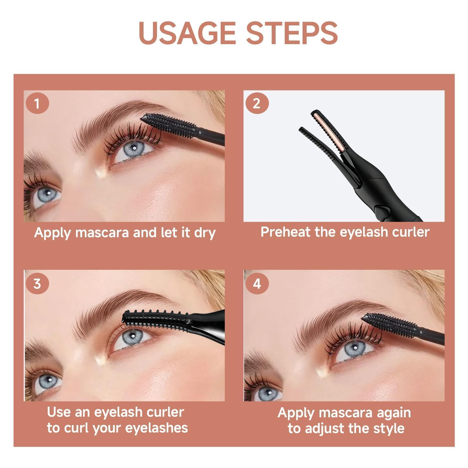 Rizador Pestañas Electrico, Heated Eyelash Curler con Termico Calienta en 10 seg 3 Accurate Temperaturas Hasta 95°C para Longue Efecto 24 Horas, Auto Off, Uso Rápido y Sencillo, Recargable por USB