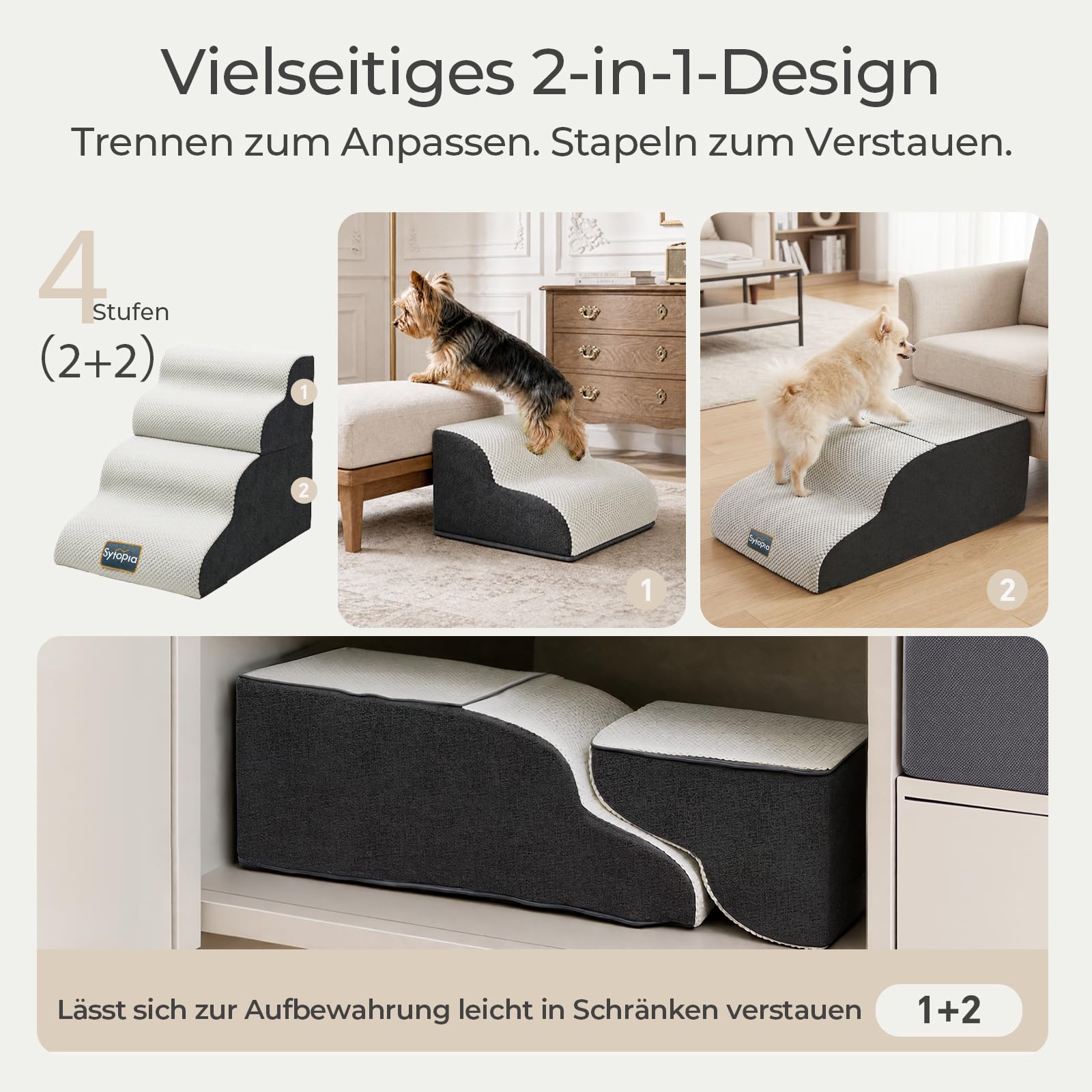 Sytopia Scaletta per cani a 4 gradini, altezza 50 cm, per letto, divano e divano, antiscivolo, per cani e gatti di piccola taglia, rivestimento lavabile, schiuma 30D, maniglia, fino a 35 kg