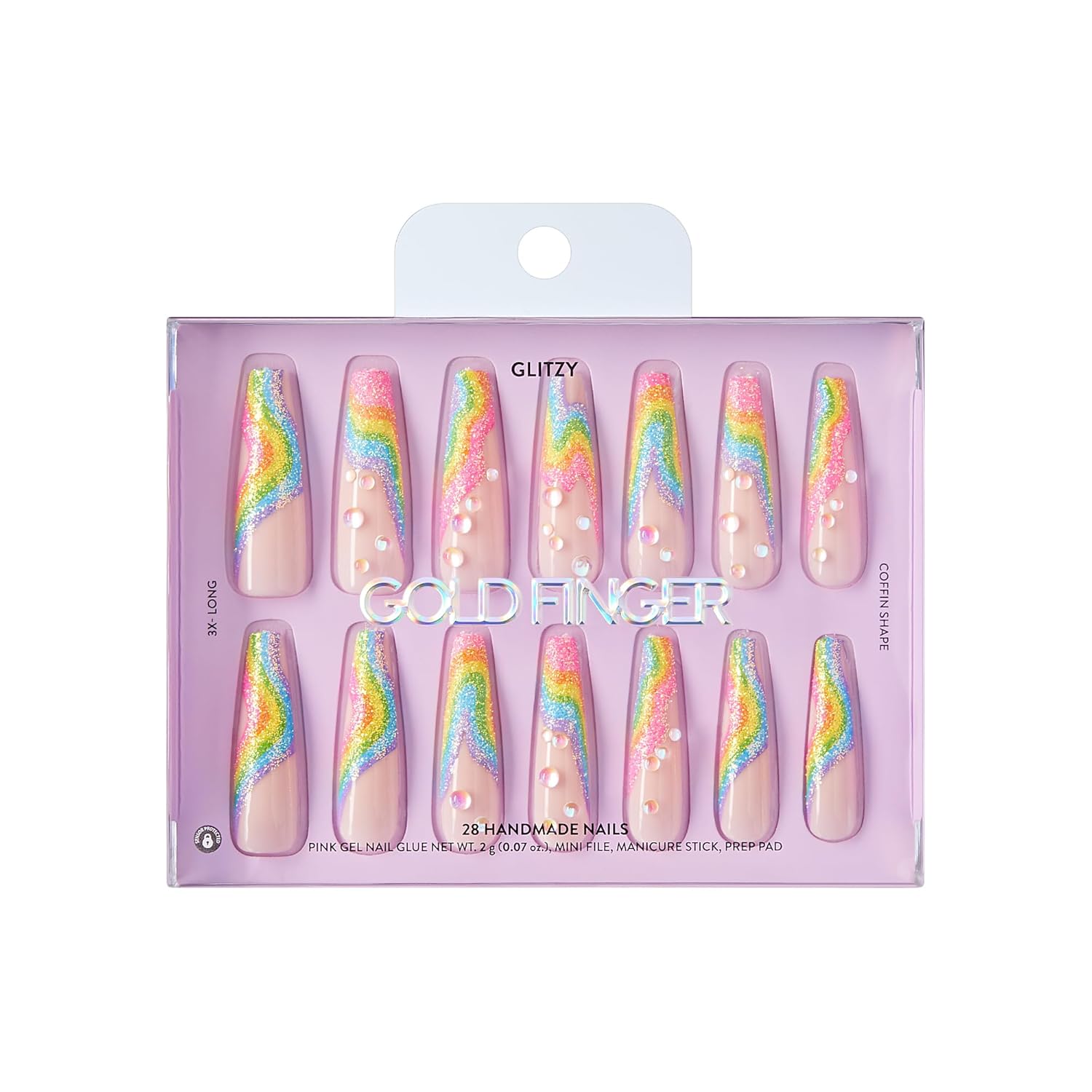 Glitzy 3D Handmade Press On Nail Kit, Rhinestone Gem Glitter French Tip 3X-Long Coffin False Nail, Reusable & Lasts Up To 2 Weeks, Seamless Snug Fit Technology, Includes Glue & 28Pcs Manicure Set