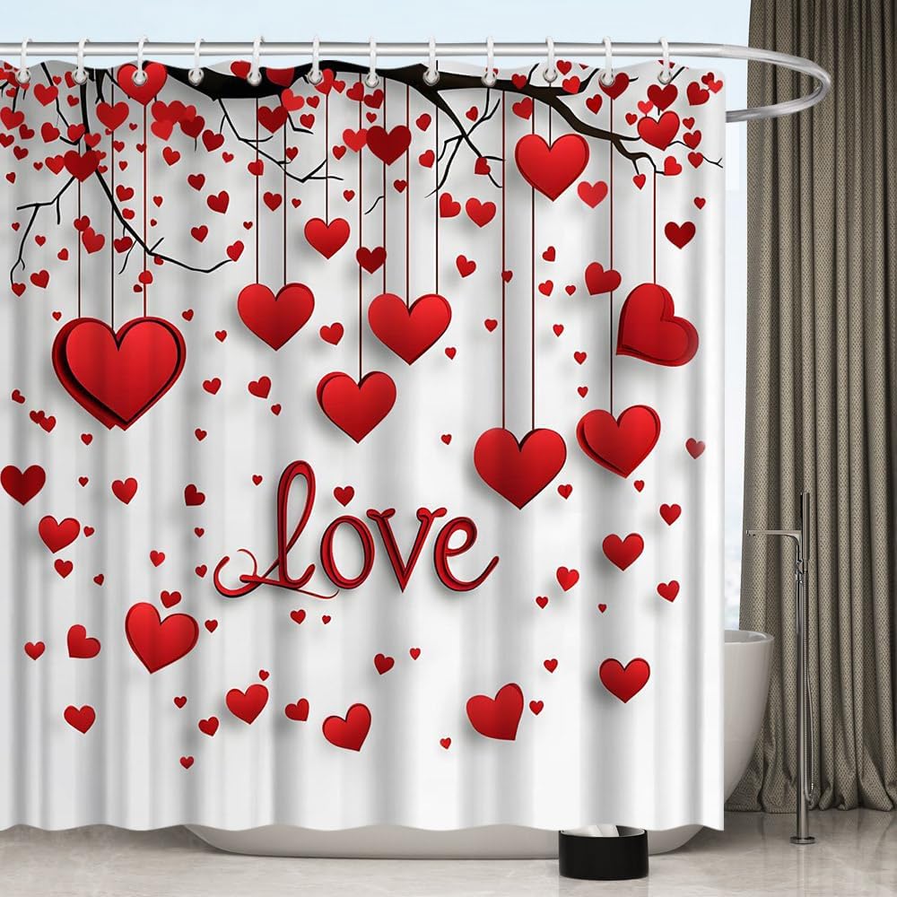 Valentines Shower Curtain Red Heart Tree Romantic Couple Sweet Lover Fallen Love Pattern Petal Bath Decor Polyester Fabric Curtains 90X70 Inch