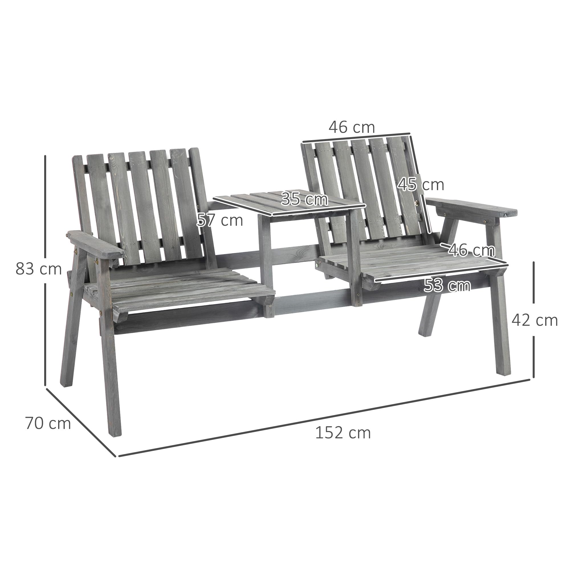 Outsunny Wooden Garden Loveseat, 2-Seater Garden Chair with Table & Parasol Hole, Outdoor Bench for Porch Patio, Grey - Image 7