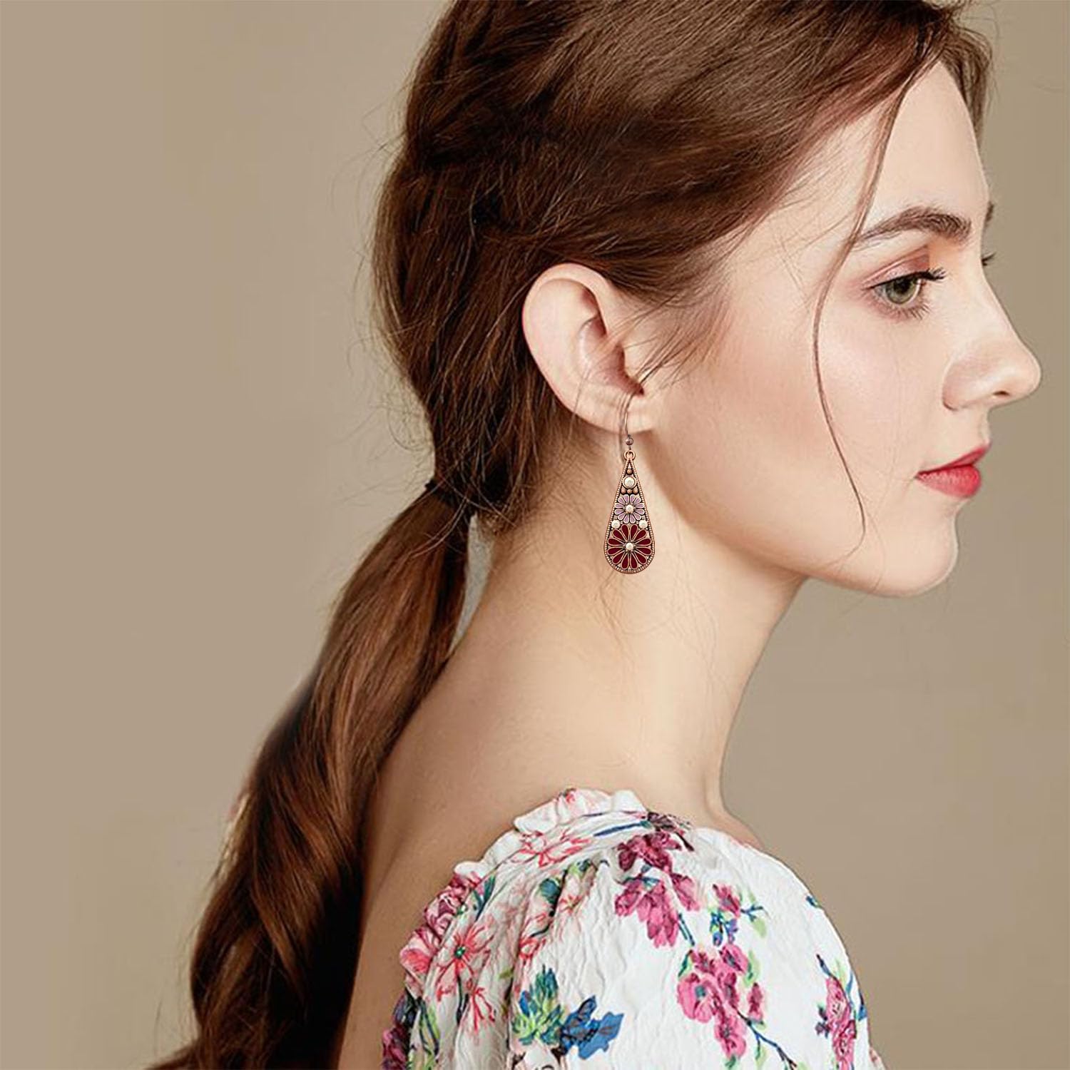 Handmade Bohemian Tribal Retro Copper Crystal Teardrop Dangle Drop Earrings National Style Geometry Colorful Enamel Flower Hook Earrings for Women - Image 3