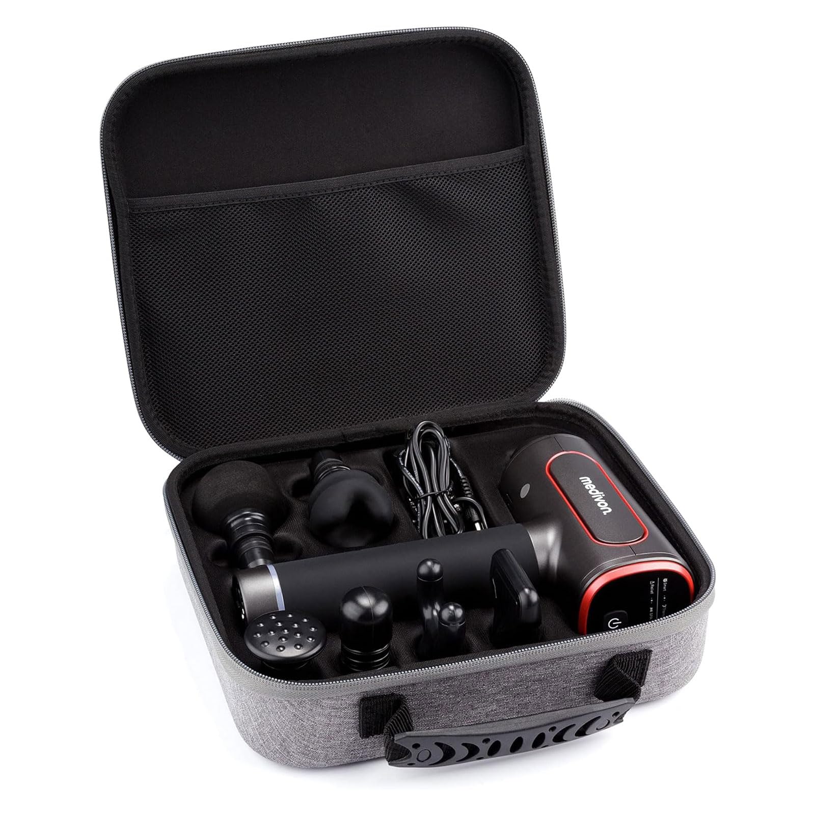 Medivon Gun PRO tragbare Massagepistole 6 Massageköpfe leiser Motor Tiefenmassage für Rücken, Nacken, Bein und Arm Muskeln Tragetasche - schwarz