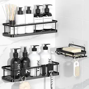 YASONIC Shower Caddy Adhesive, No Drill Bathroom Shower Organizers, with Removable Hooks and Soap Holder, Rust Proof Shower Shelves, Wall-Mounted Shower Holder, 3 Pack, Bright Black