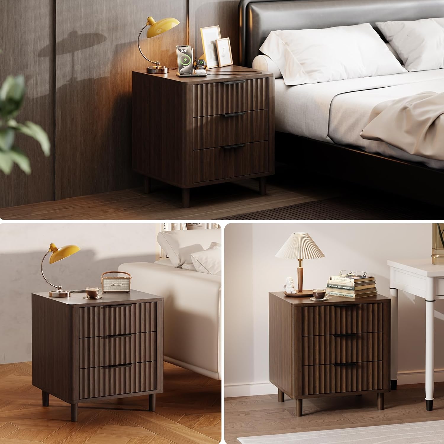 Fluted Nightstand Set of 2, Multifunctional 3 Drawers Storage Bedside Table with Charging Station, Wood Modern Nightstand, Curved Profile Design, End Table for Indoor Room Bedroom, Walnut