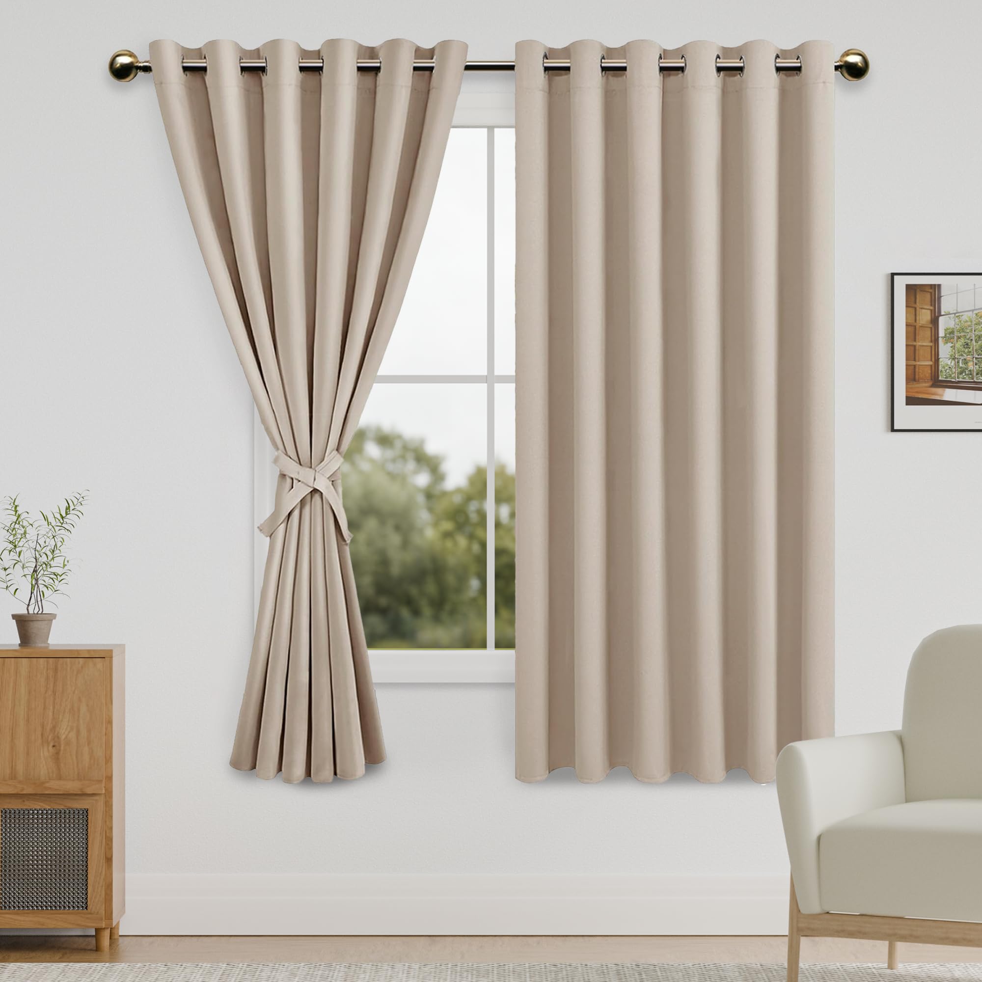 DWCN Blackout Curtains for Bedroom with Tiebacks - Room Darkening Privacy Grommet Top Window Curtains for Living Room, 70 x 63 inch Length, Beige, Set of 2 Panels — image 1