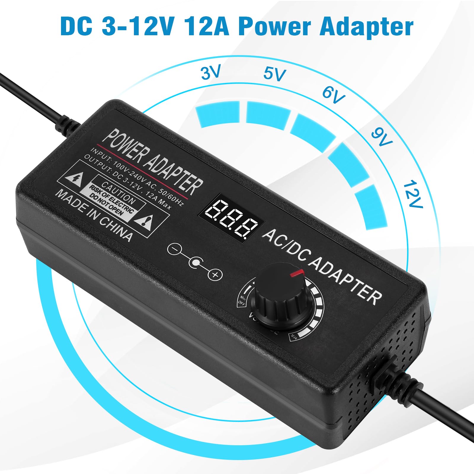 Fuente de alimentación universal de 3 V ~ 12 V 12 A 144 W ajustable variable 3 V 5 V 6 V 9 V 12 V, convertidor de CA a CC de 100 V-240 V con 14 puntas, convertidor de polaridad