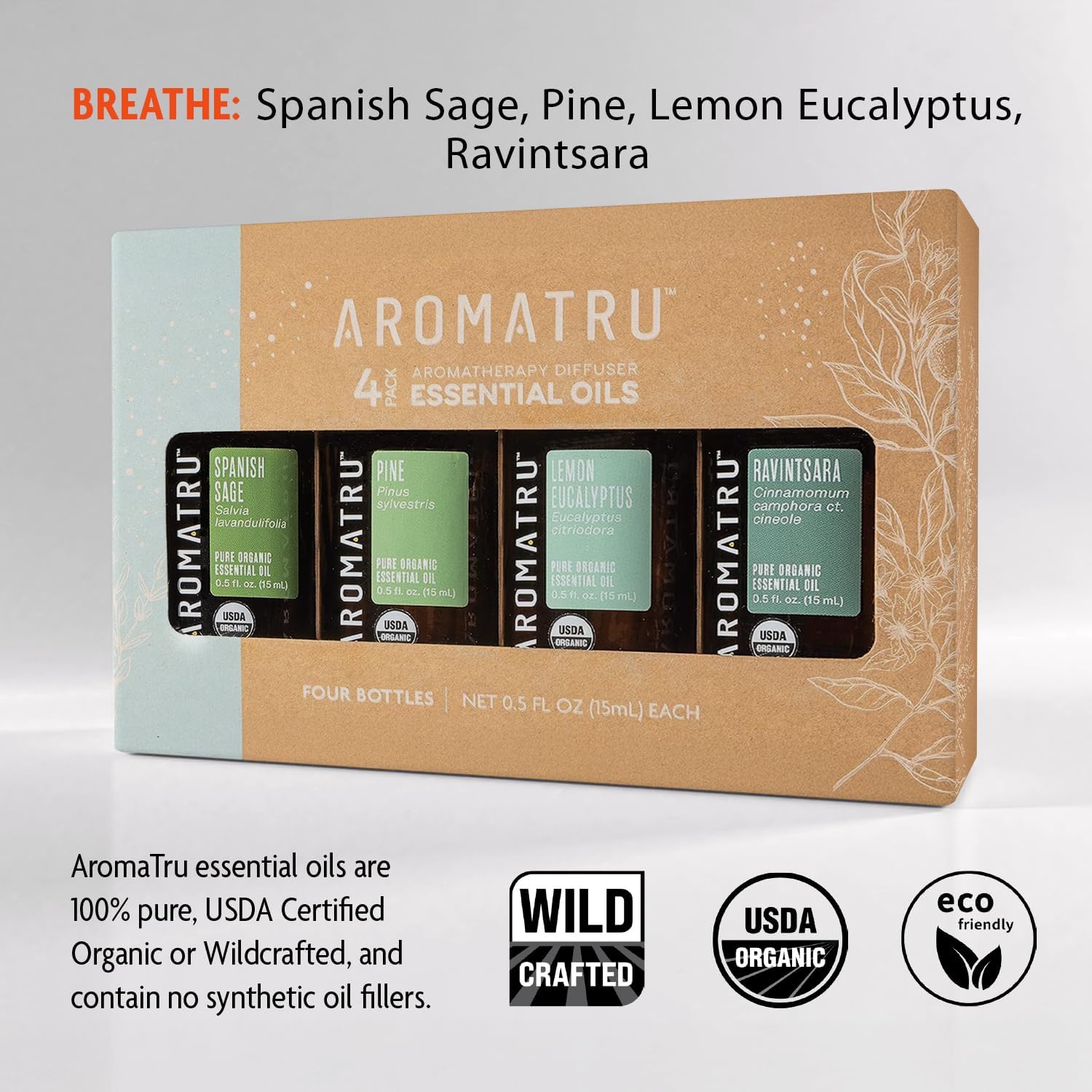 AromaTru Breathe Essential Oil Kit – Spanish Sage, Pine, Lemon Eucalyptus, and Ravintsara – Organic & Wildcrafted – ISO Certified – No Synthetic Fillers – Ethically Sourced