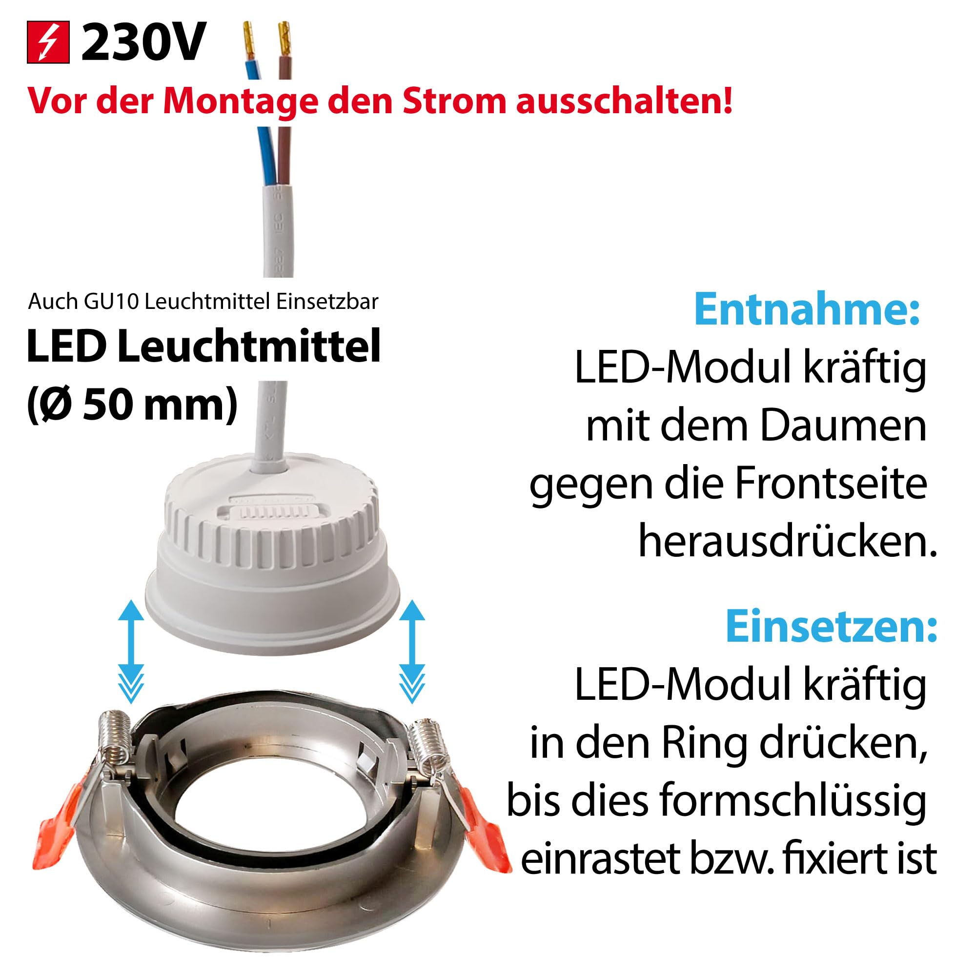 Maxkomfort 6er Set LED Einbaustrahler 230V Ultraflach, 3 Lichtfarben - 3000K/4000K/6500K, 7W Leuchtmittel austauschbar, Deckenspots IP20 silber, Einbauspots Ø85mm