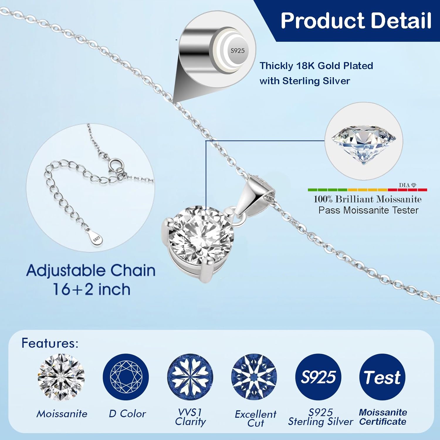 SecreTalk 1-3CT Moissanite Pendant Necklace for Women, 3 Prong 925 Sterling Silver Necklace Gift for Wife Mother Her - Image 3