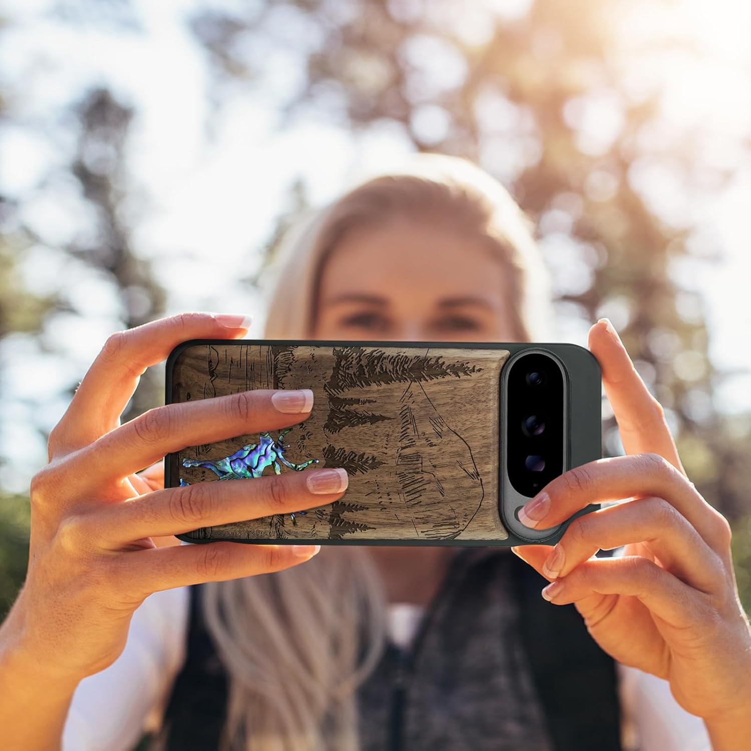 Carveit Magnetic Wooden Case for Pixel 10 / Pixel 10 Pro Case, Wood Artisan Engraved & Handmade Shell Inlaid, Compatible with MagSafe Wireless Chargers, Forest Deer - Walnut