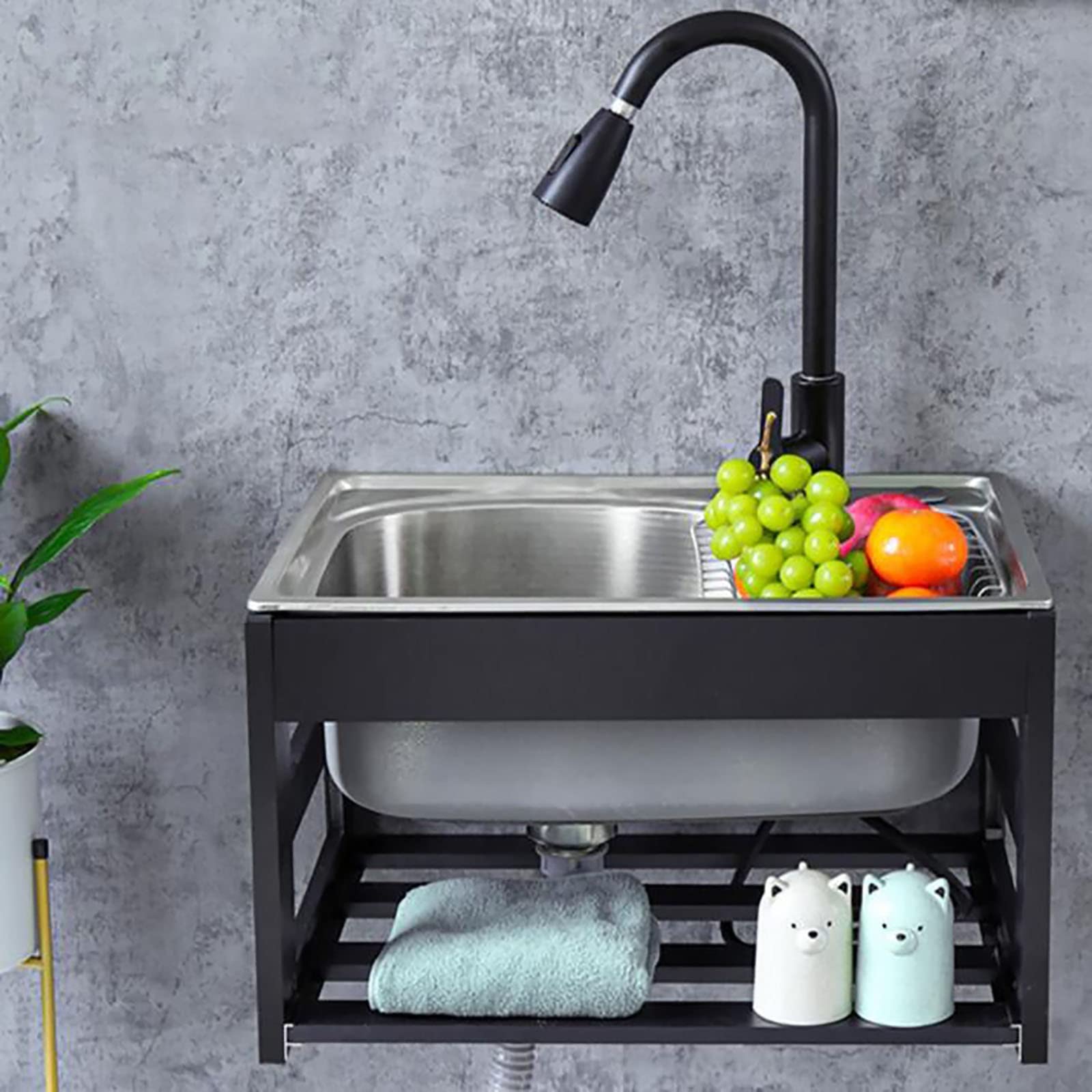 WDSOPK Industrial Sink Utility Sink Single Bowl Wall-Mounted Stainless Steel Wash Basin Commercial Sink Basin Outdoor Kitchen Portable Sink Laundry Tub Bench with Gooseneck Fauc (A 53 * 38cm)