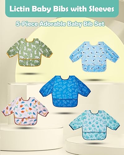 Miniatura 9 de Lictin Baby Bibs for Boys Girls - Long Sleeve Bib, Waterproof Toddler Bibs, 0-24 Months Neutral Baby Smock for Eating