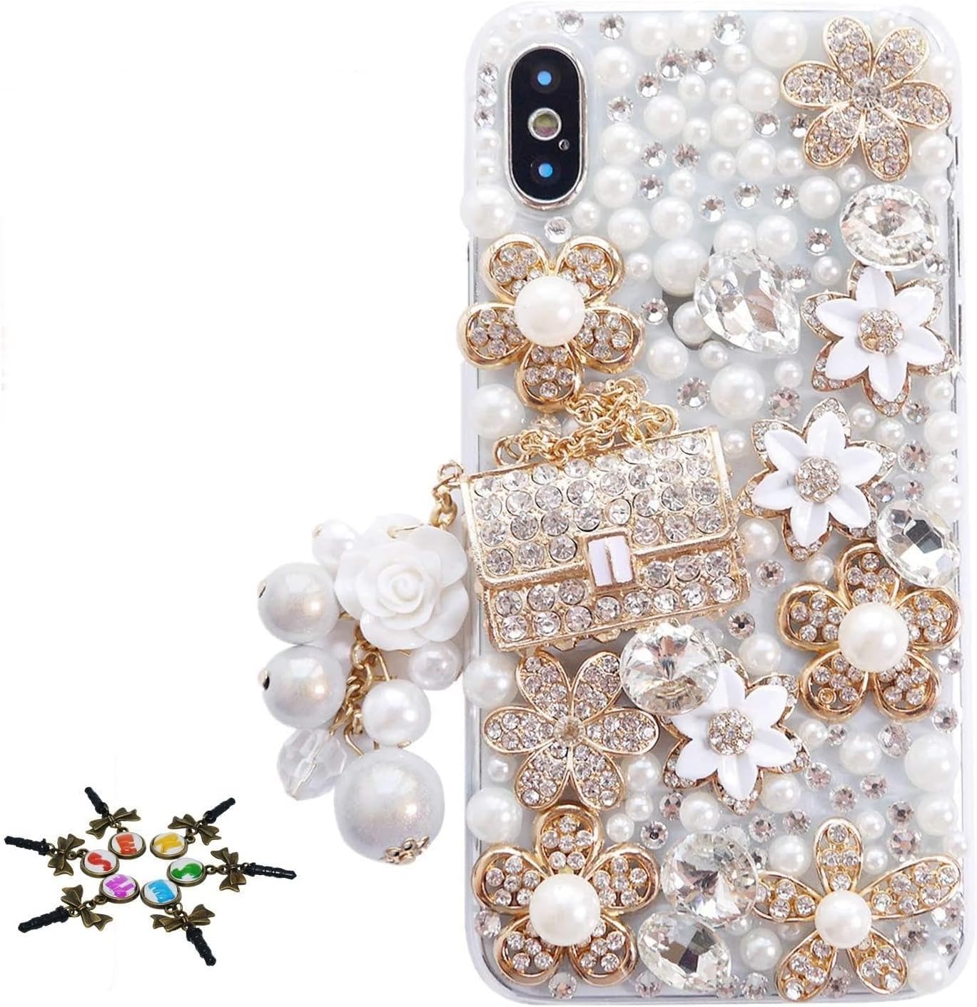 STENES Sparkle Glitter Case Compatible with Google Pixel 9 Pro XL Case - Stylish - 3D Handmade Bling Girls Bag Pearl Pendant Flower Rhinestone Crystal Diamond Design Girls Women Cover - Gold