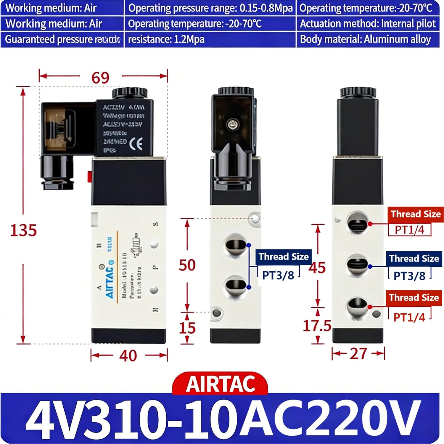 AirTAC 4V110-06 4V210-08 4V310-10 4V410-15 Pneumatic Electric Solenoid Valve Direction Control Solenoid Valve 12V 24V 110V 220V (AC220V, 4V310-10)