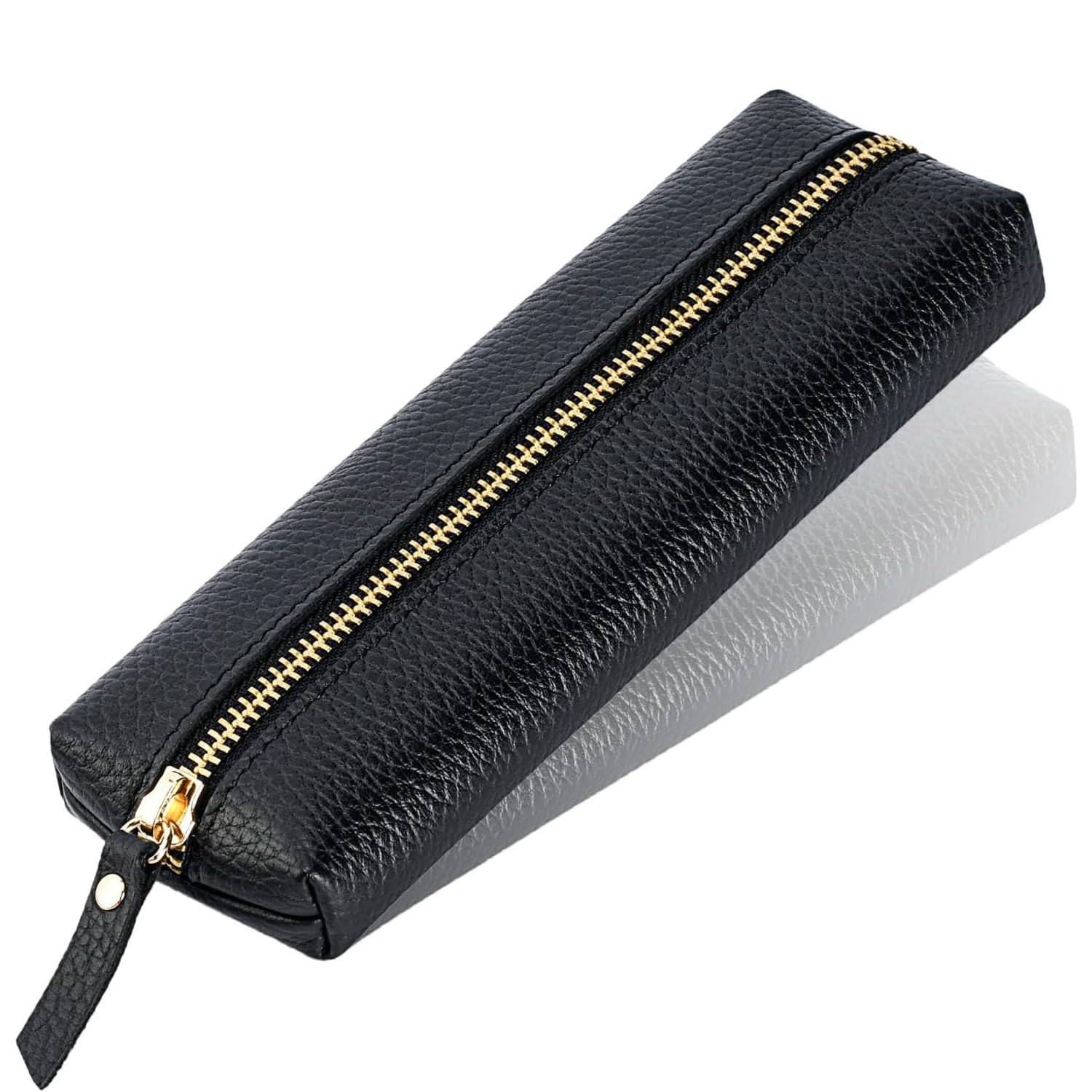 Joyzzz Leather Pen Case Holder, Vintage Lychee Pattern Stationery Zipper bag, Portable Cowhide Leather Pen Pouch Holder，Black Leather Pencil Case for Pencil, Stylus Touch Pen, Ballpoint Pen