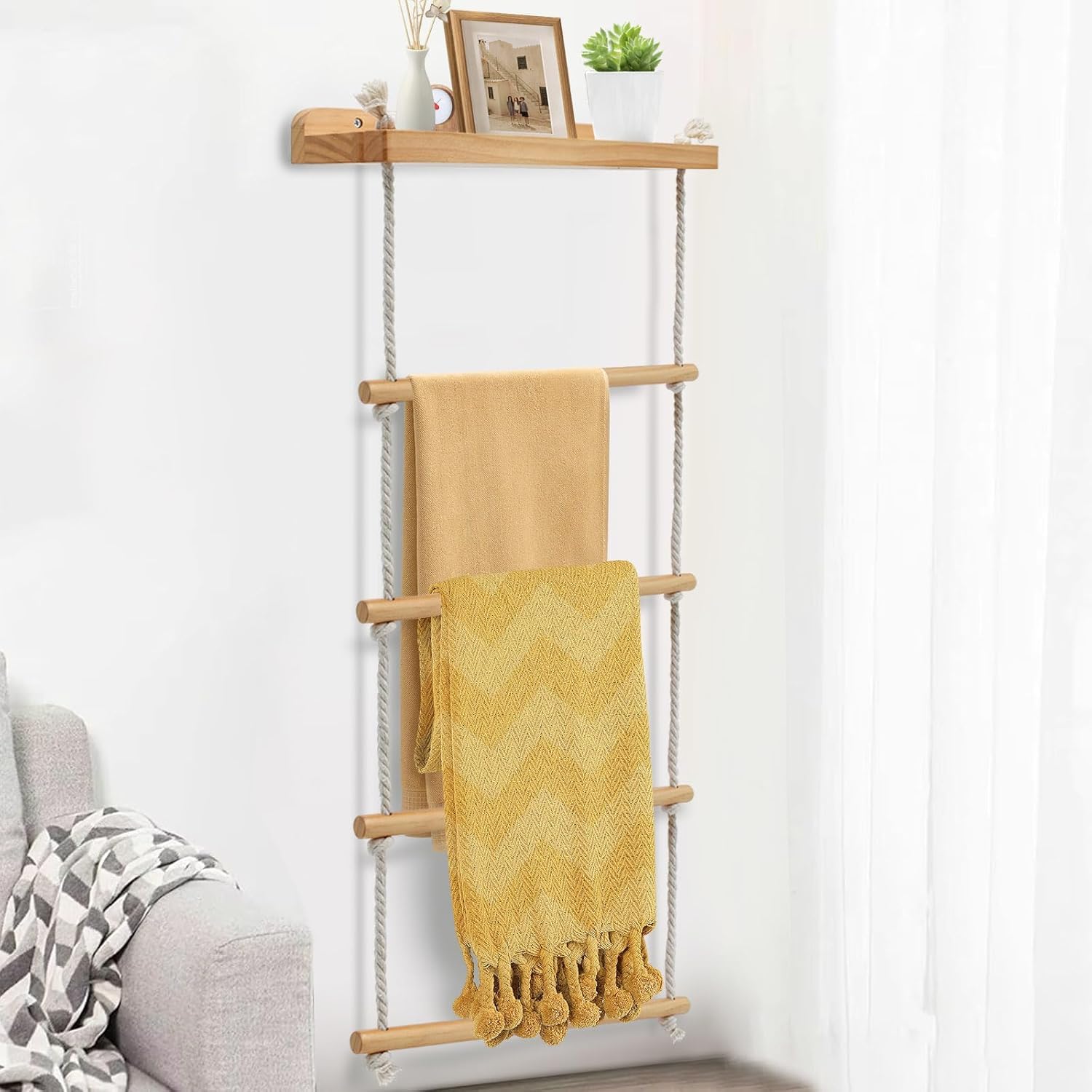 4 Ebenen Handtuchständer Handtuchleiter, 2-in-1 Handtuchhalter Holz mit Regal, Handtuchstange für Badezimmer Wohnzimmer Schlafzimmer (98 * 43 cm)