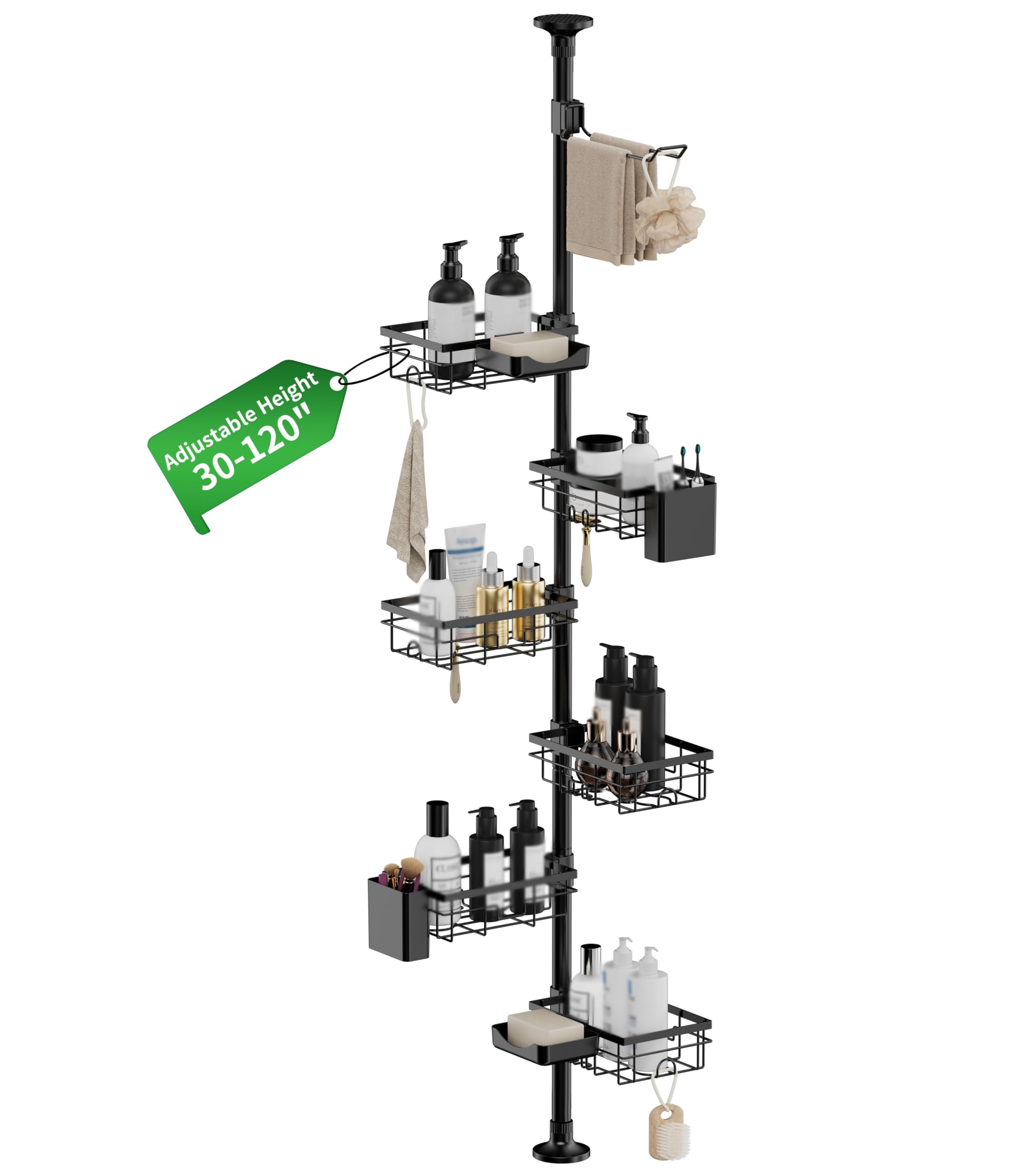 PEJATTN Corner Shower Caddy Organizer Tension Pole Adjustable 30-120 Inches Corner Shelf with Towel Rack Toothbrush Holder Soap