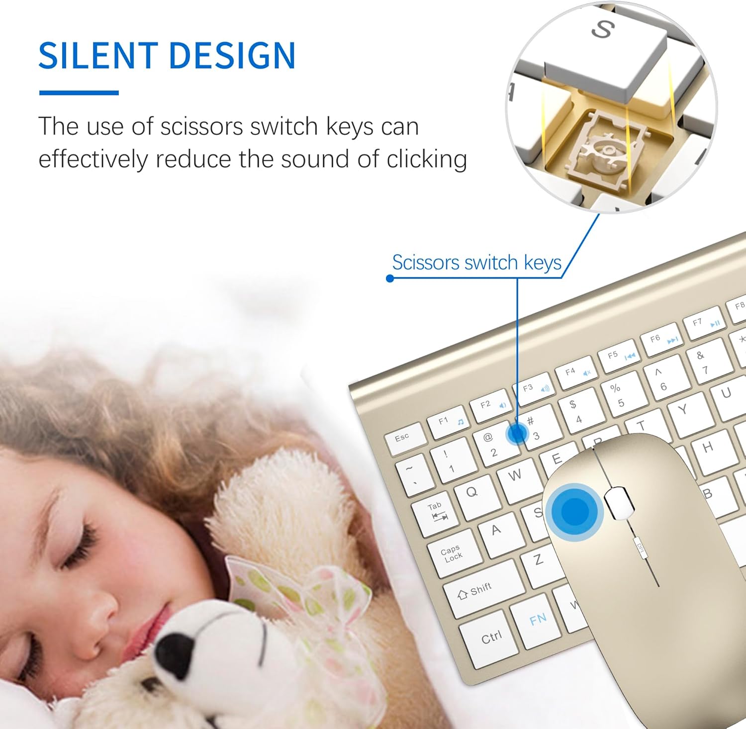 wireless keyboard and mouse ultra slim combo, topmate 2.4g silent compact usb 2400dpi mouse and scissor switch keyboard set with cover, batteries included, for pc/laptop/windows/mac - gold white