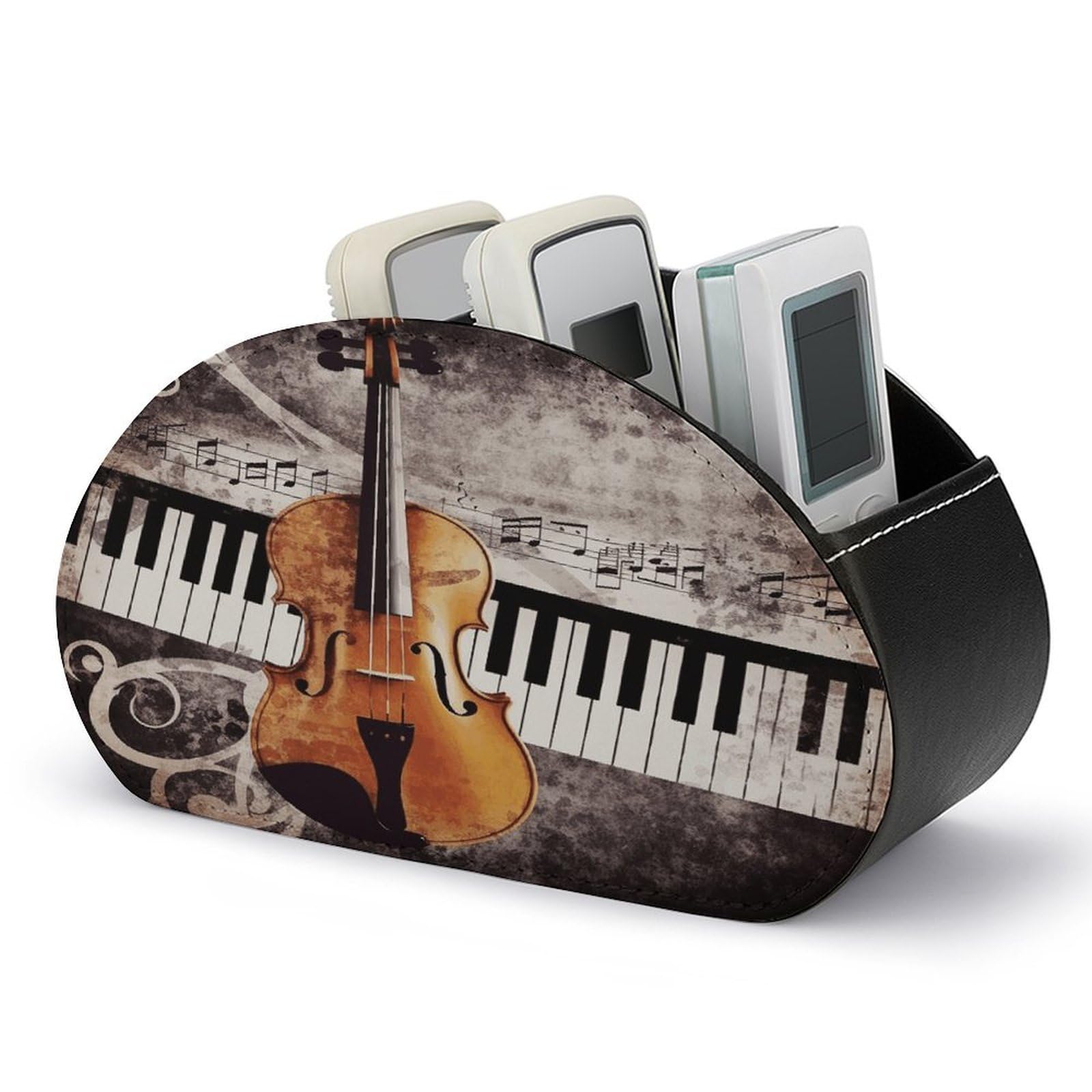 VstaDank Piano Violin Music Notes Remote Control Holder Farmhouse TV Media Remote Storage Box with 5 Compartments PU Leather Remote Caddy Desktop Organizer for Home Bedside Table Organizer