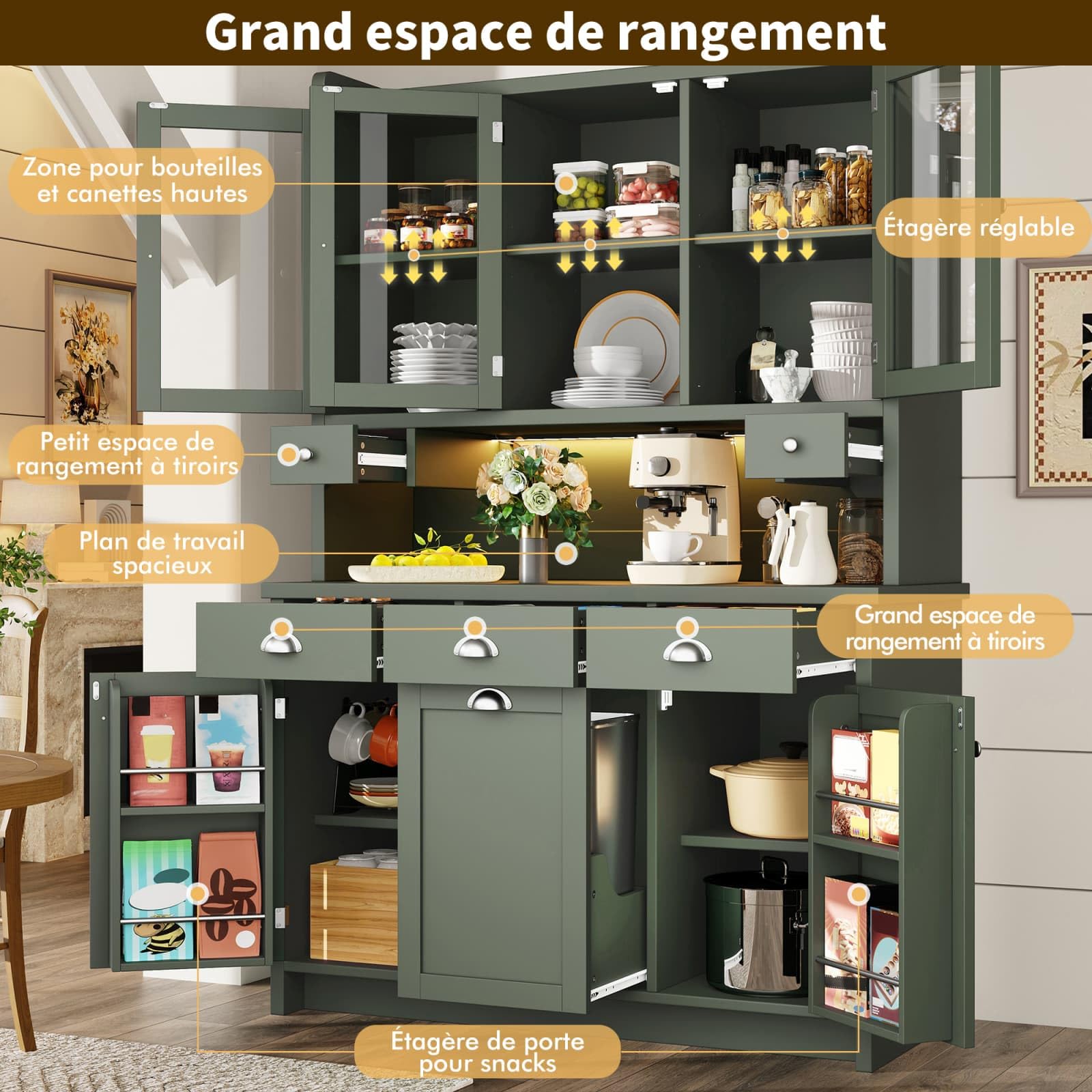 KOMHTOM Armoire de Cuisine, Armoire de Salle à Manger, Buffet, Dispositif Anti-basculement, avec éclairage LED, Porte Coulissante en Verre et 2 Tiroirs de Rangement (Vert-12)