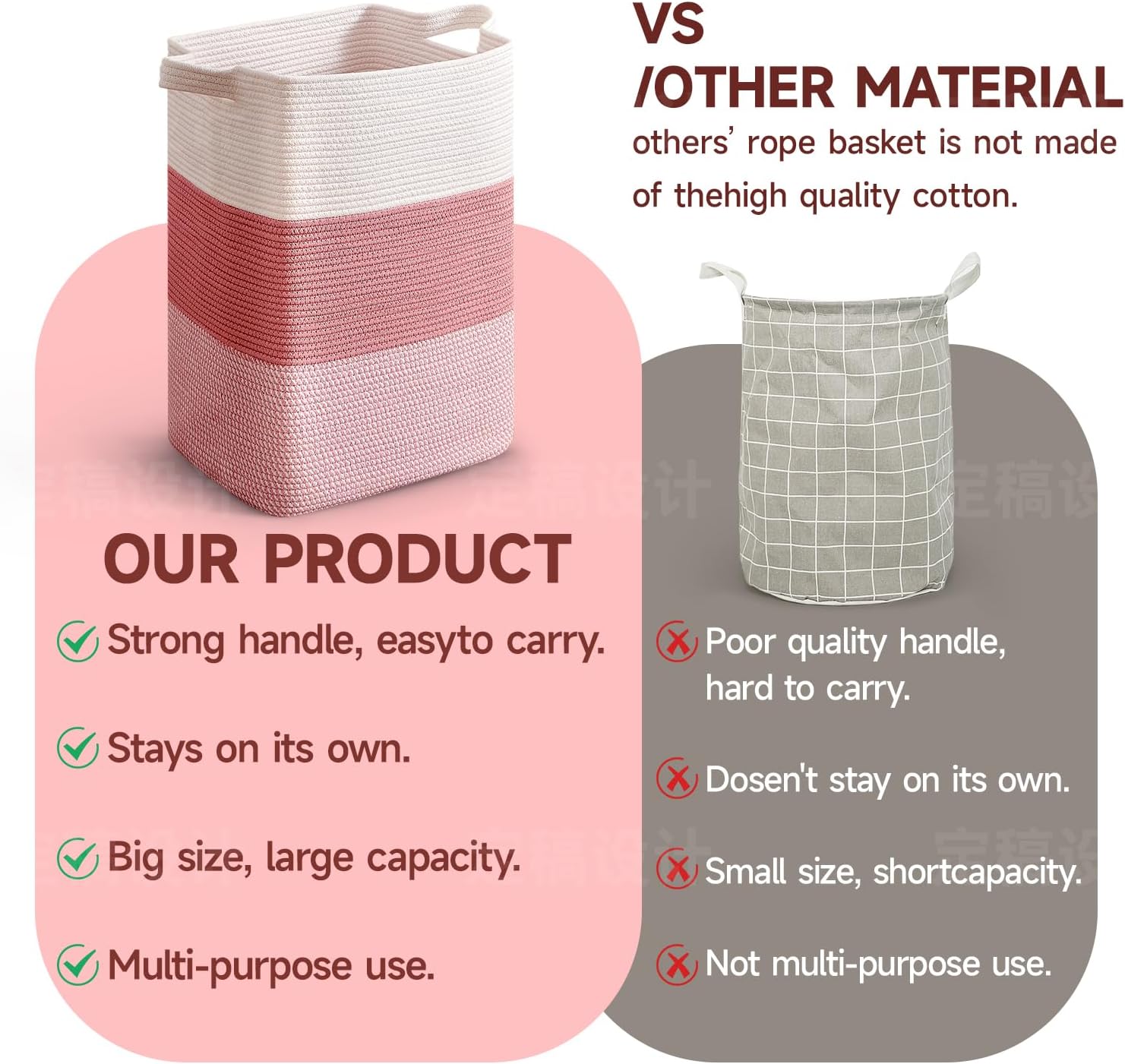 CLHMILY&Z 75L Laundry Hamper Rectangular Pink Rope Basket - 16x13x22 Inches - Dirty Clothes Storage Soft Organizer Bin for Blankets, Toys, and Nursery Essentials - Image 6