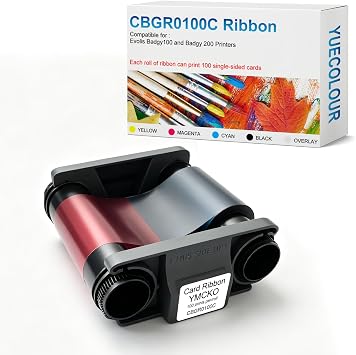 CBGR0100C YMCKO Ribbon Tape Compatible for Evolis Badgy 100 & Badgy 200 Printers 100 Images Suitable for Printing Membership Cards, ID Cards
