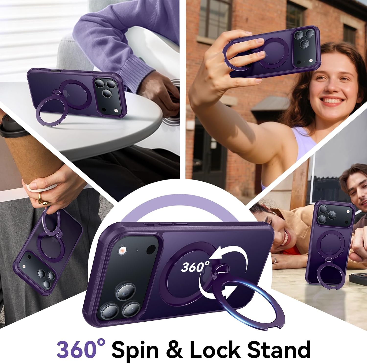 360 Spin Magnetic Stand (Pro-Version) for iPhone 17 Pro Case (Compatible with MagSafe) [Military Drop Protection] Matte Translucent Shockproof Protective Phone Case 6.3'', Purple