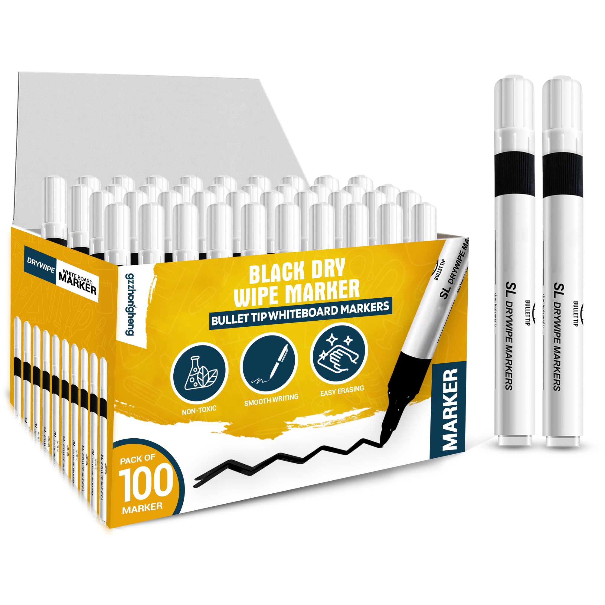 gzzhongheng 100 Black Dry Wipe Marker Pens – Bullet Tip Whiteboard Markers, Low Odour & Non-Toxic, Easy Erase Smudge-Free Pens for School, Office, Classroom & Home